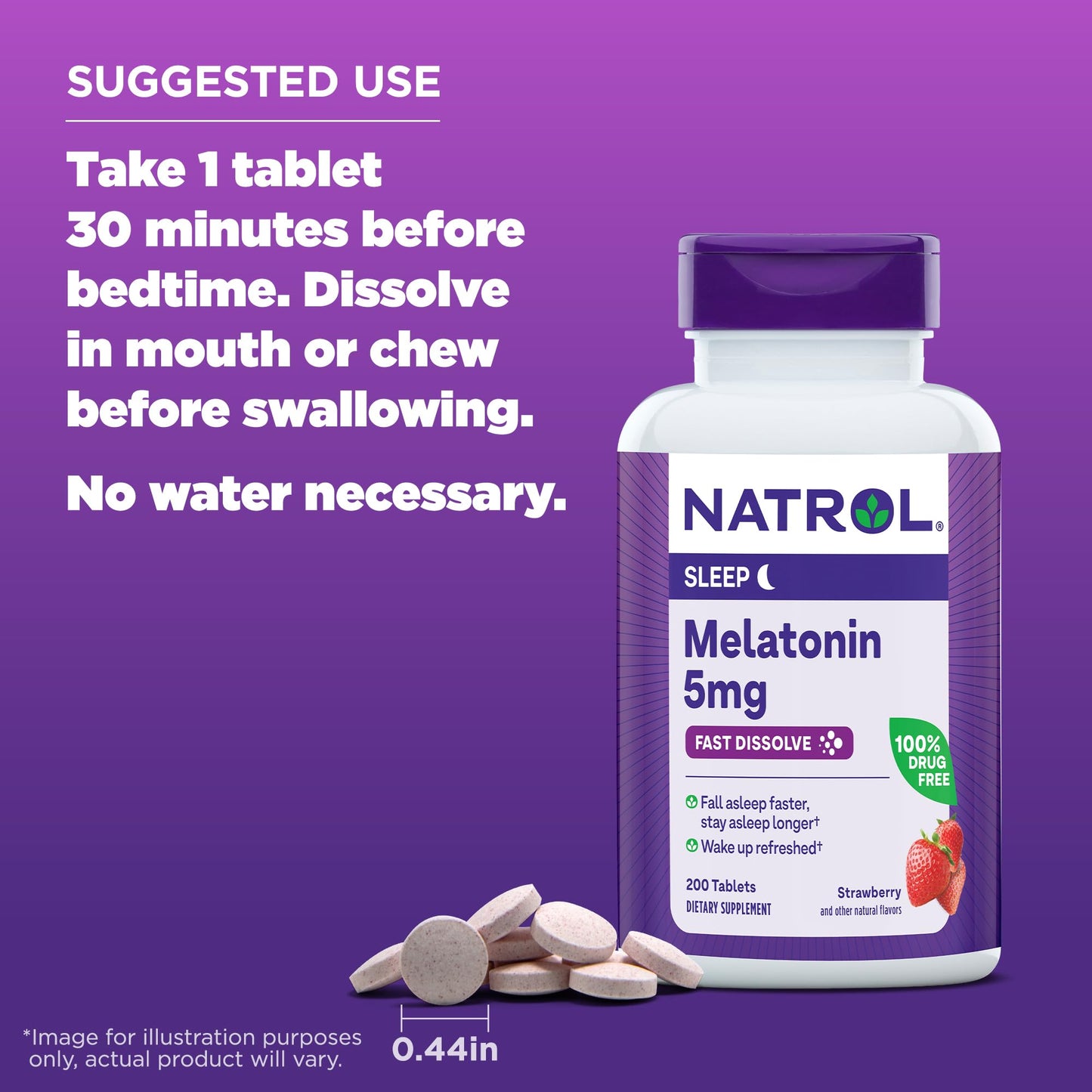 Natrol Sleep Melatonin 5mg Fast Dissolve Tablets, Nighttime Sleep Aid for Adults, 200 Strawberry-Flavored Melatonin Tablets, 200 Day Supply