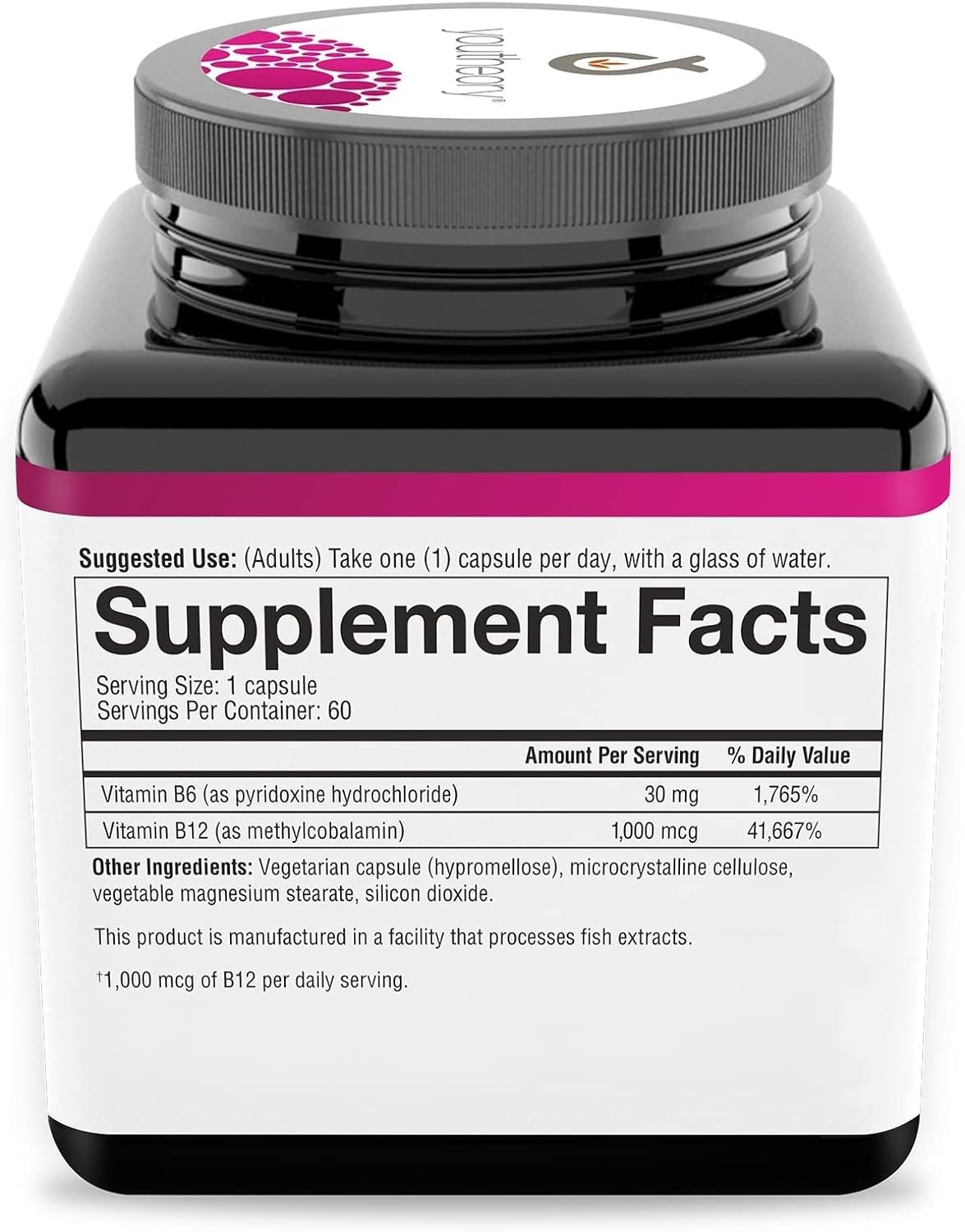 Youtheory Vitamin B12 B6, Daily Energy and Brain Support Supplement, Vegetarian Capsules, 60 ct