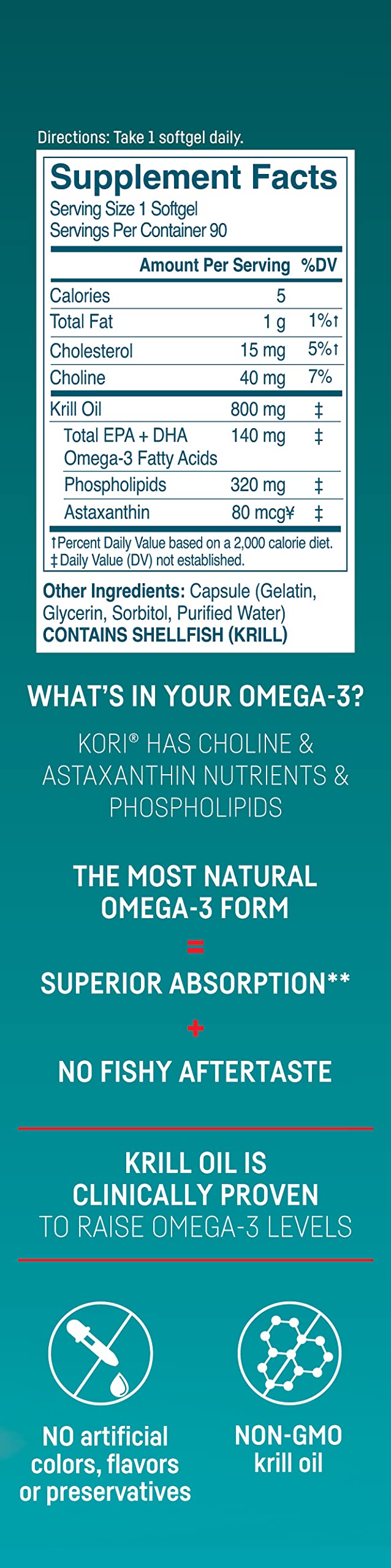 Kori Krill Antarctic Krill Oil Omega 3 Supplement, EPA & DHA, Krill Oil Supplements with Superior Absorption vs. Fish Oil, 800 mg, 90 softgels