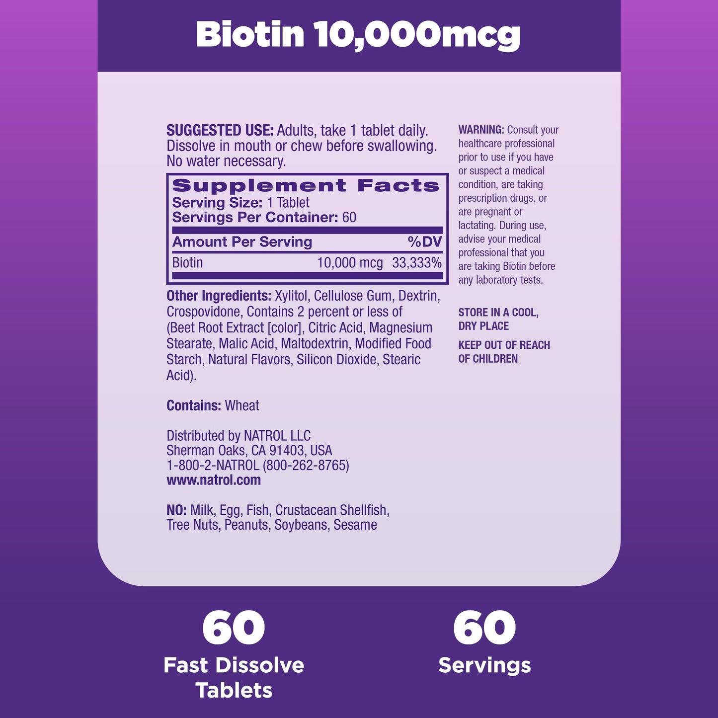 Natrol Beauty Biotin 10000mcg, Dietary Supplement for Healthy Hair, Skin, Nails and Energy Metabolism, 60 Strawberry-Flavored Fast Dissolve Tablets, 60 Day Supply