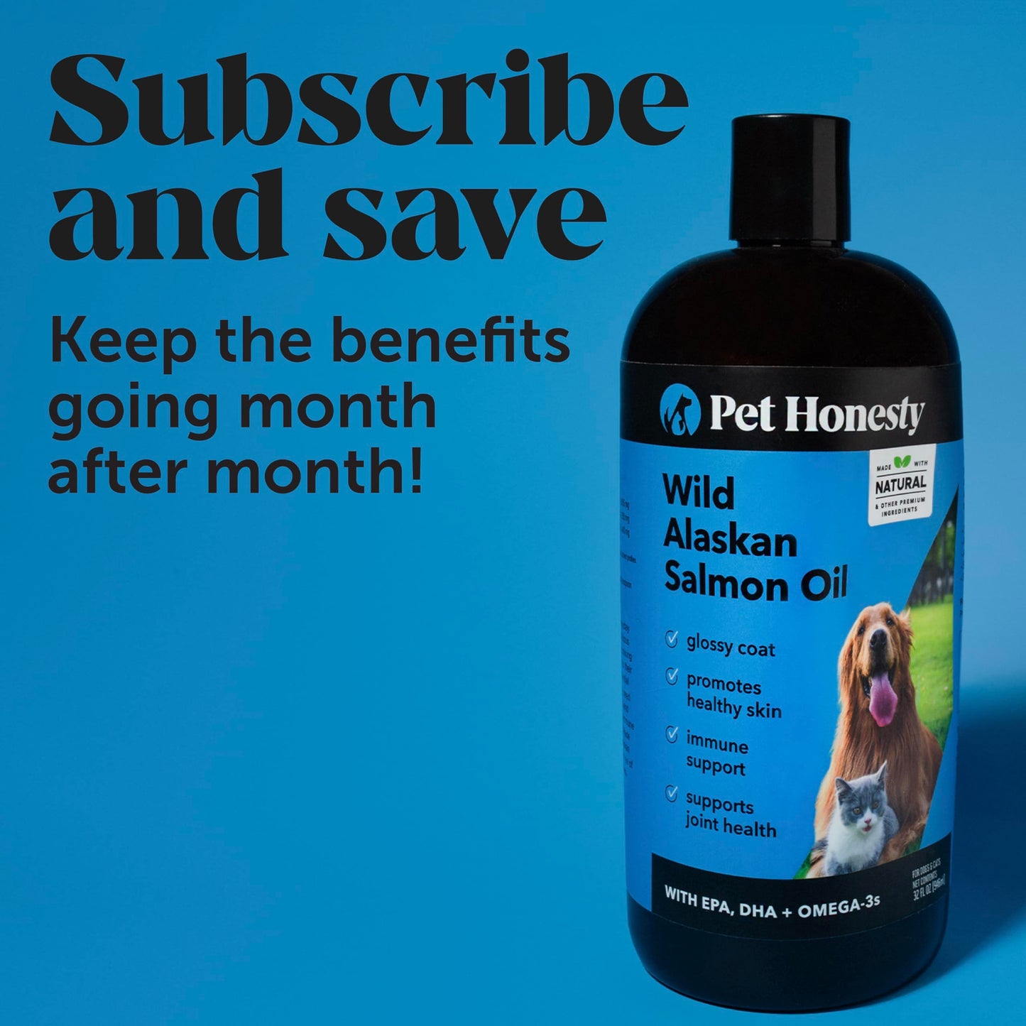 Pet Honesty Wild Alaskan Salmon Oil, Omega-3 Fish Oil for Dogs and Cats, Fatty Acids, Salmon Oil for Dogs, Skin and Coat Health, Pure Dog Food Topper, Supports Joints, Brain & Heart Health - 32oz