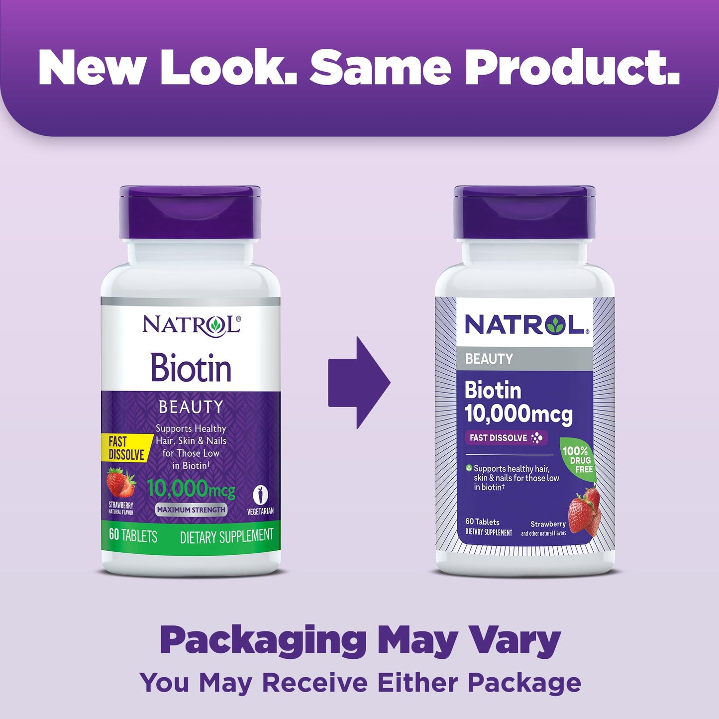Natrol Beauty Biotin 10000mcg, Dietary Supplement for Healthy Hair, Skin, Nails and Energy Metabolism, 60 Strawberry-Flavored Fast Dissolve Tablets, 60 Day Supply