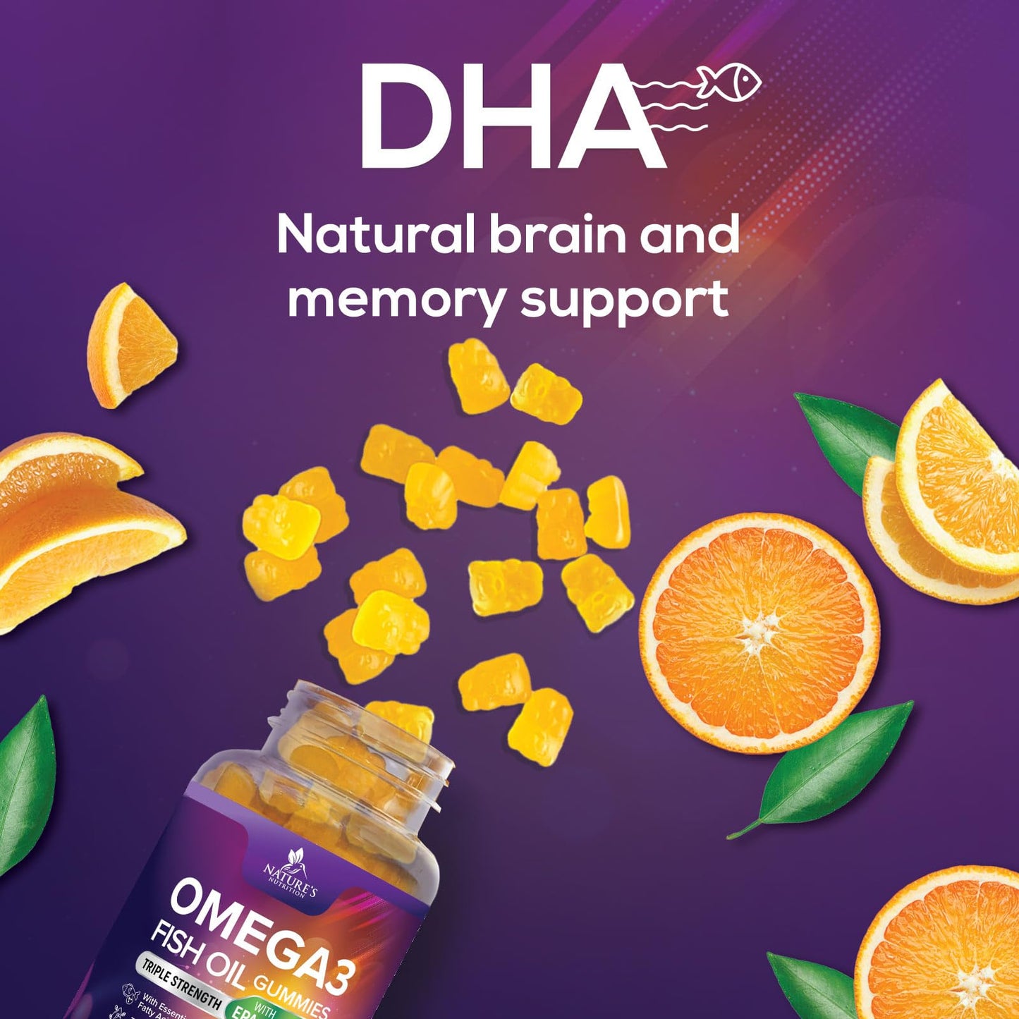 Omega 3 Gummies for Adults, Omega-3 Fish Oil Gummies for Heart Support, Omega 3 Supplement High Absorption DHA & EPA, Joint & Brain Support, Nature's Fish Oil Omega 3 Gummies Vitamins - 60 Gummies