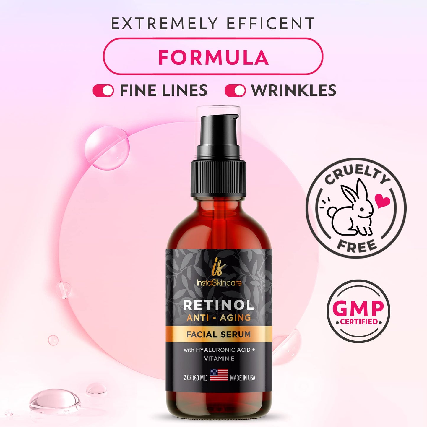 DOUBLE SIZED (2Oz) Retinol Serum for Face with Hyaluronic Acid + Vitamin E and A + Aloe Vera Anti-Aging Serum Pore Tightener Fade Dark Spots Clinical Strength Formula by InstaSkincare