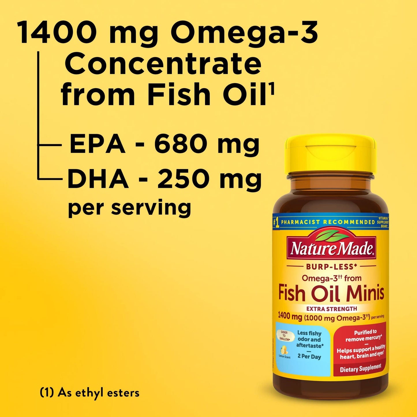 Nature Made Extra Strength Burp Less Omega 3 Fish Oil 1400 mg Minis, Fish Oil Supplements as Ethyl Esters for Healthy Heart, Brain and Eyes Support, 60 Softgels, 30 Day Supply