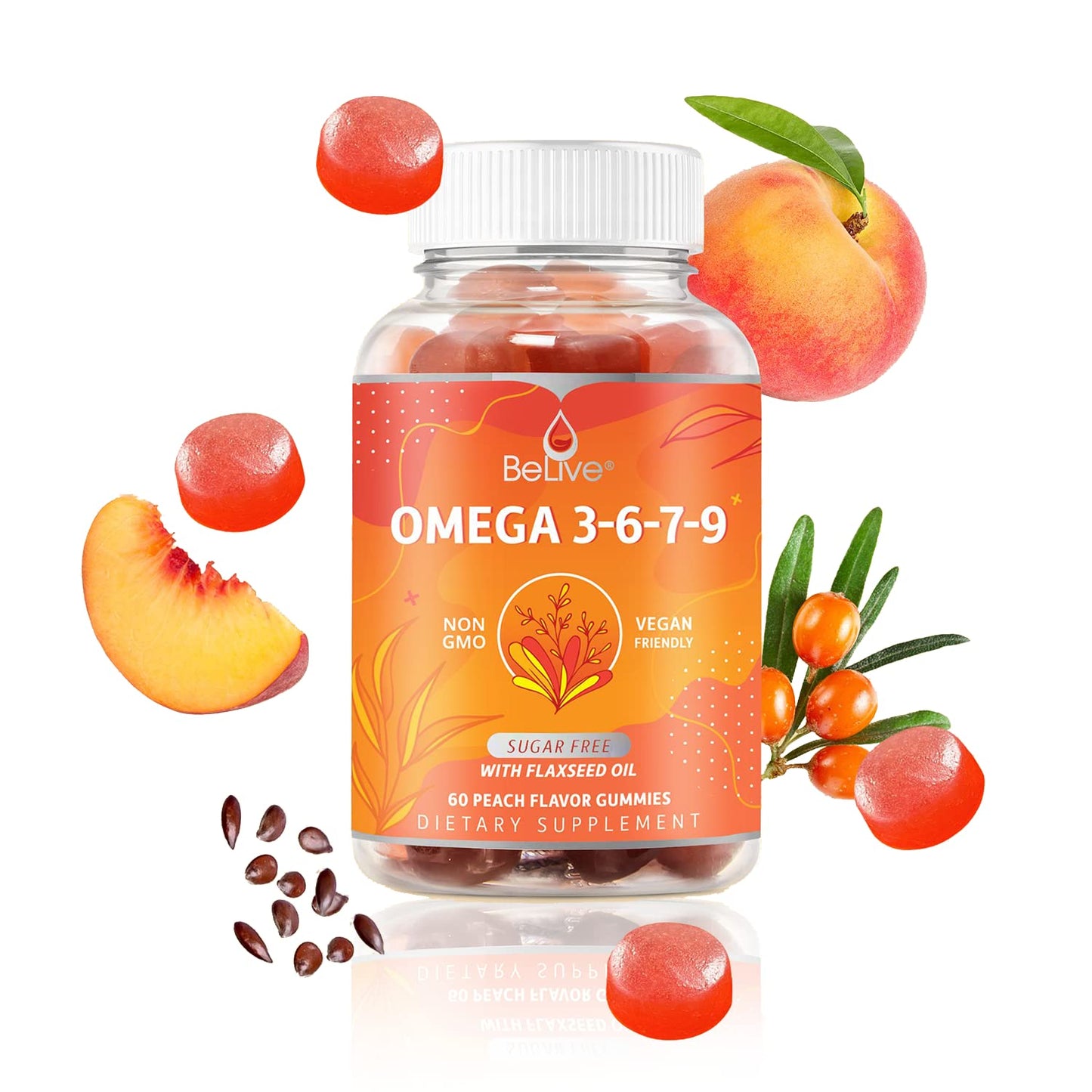 Organic Omega 3 Gummies with Omegas 6, 7, 9, DHA & EPA from Flaxseed Oil and Sea Buckthorn Fruit Oil - Sugar-Free, Supports Brain, Heart, Eye & Immune System, Supplements for Kids & Adults (60 CT)