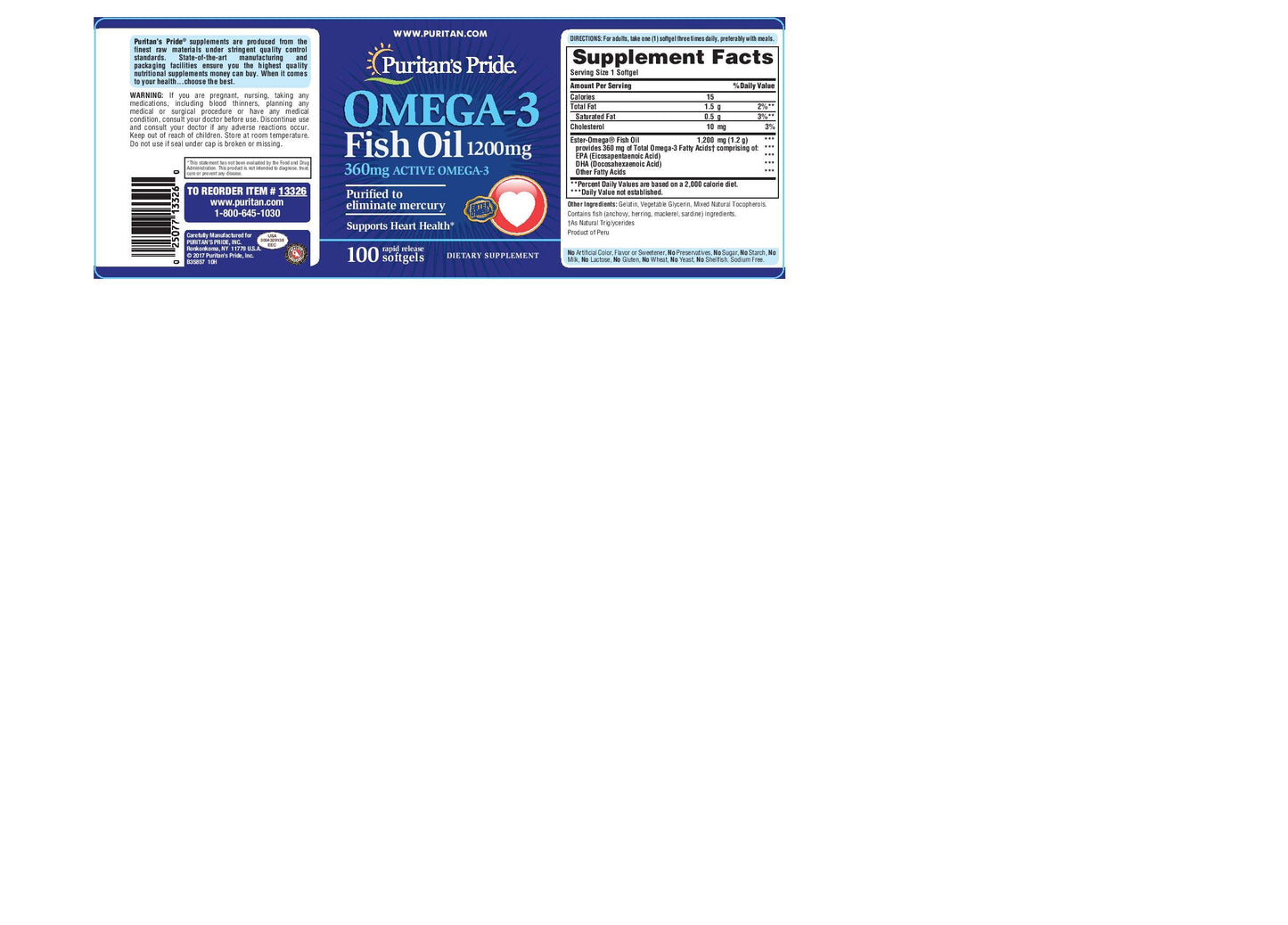 Puritan's Pride Omega-3 Fish Oil, 1200 mg, Supports Heart Health and Healthy Circulation, 100 Count