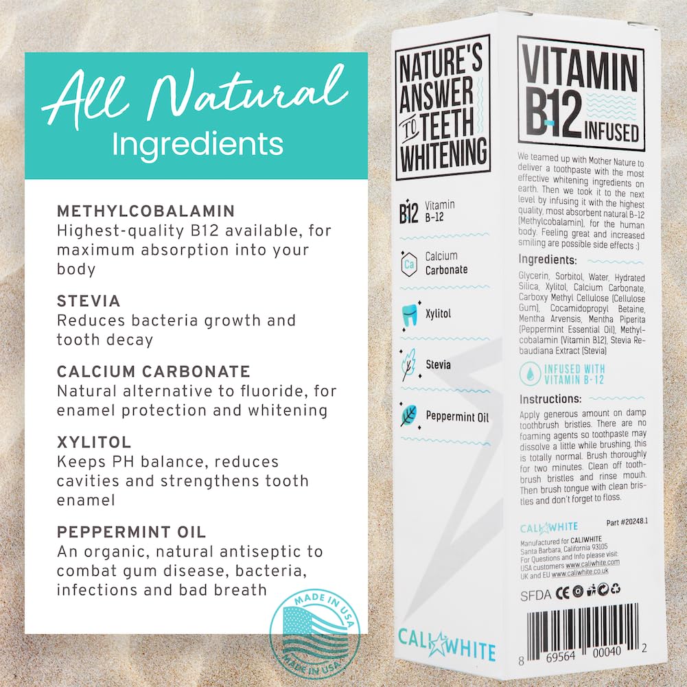 Cali White Flouride Free Natural Whitening Toothpaste, Infused with Vitamin B12 Teeth Whitening Toothpaste, Vegan Toothpaste, Triclosan Free, Peroxide Free, SLS Free, Pacific Mint, 4 Ounce (1 Pack)