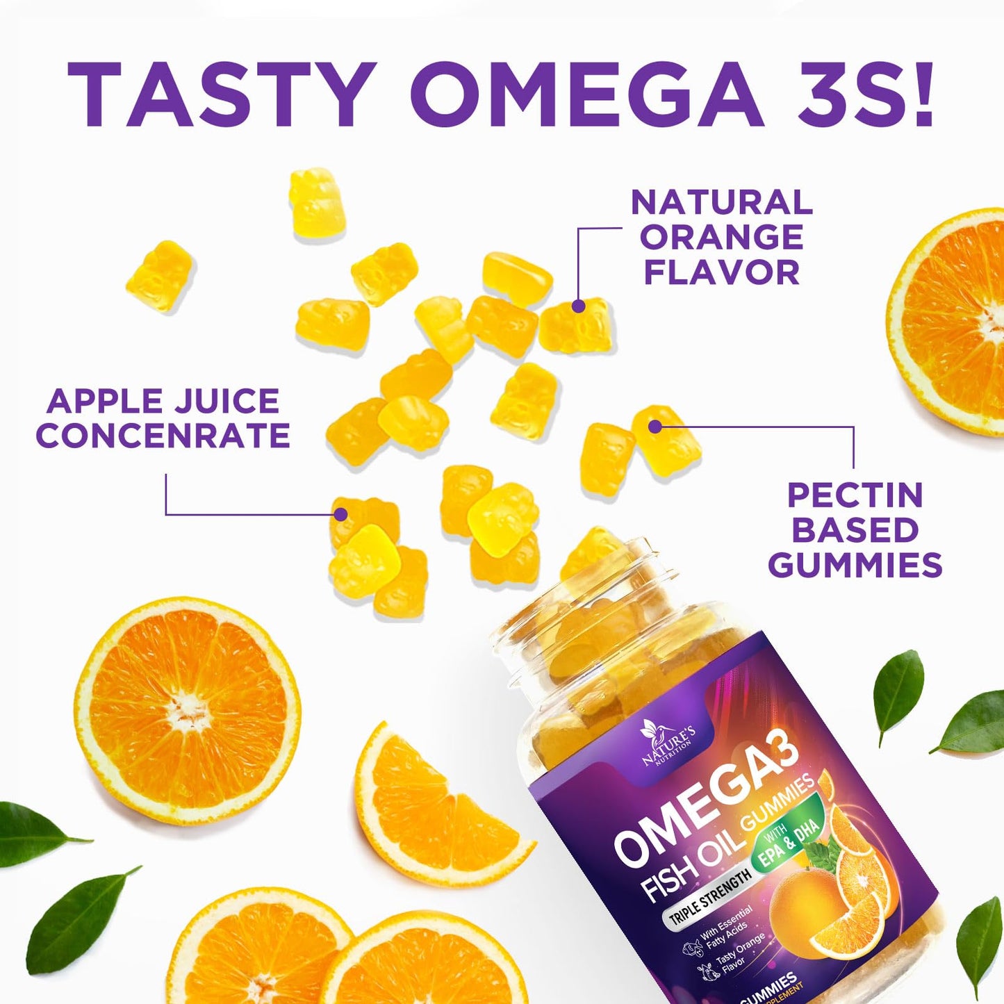 Omega 3 Gummies for Adults, Omega-3 Fish Oil Gummies for Heart Support, Omega 3 Supplement High Absorption DHA & EPA, Joint & Brain Support, Nature's Fish Oil Omega 3 Gummies Vitamins - 60 Gummies