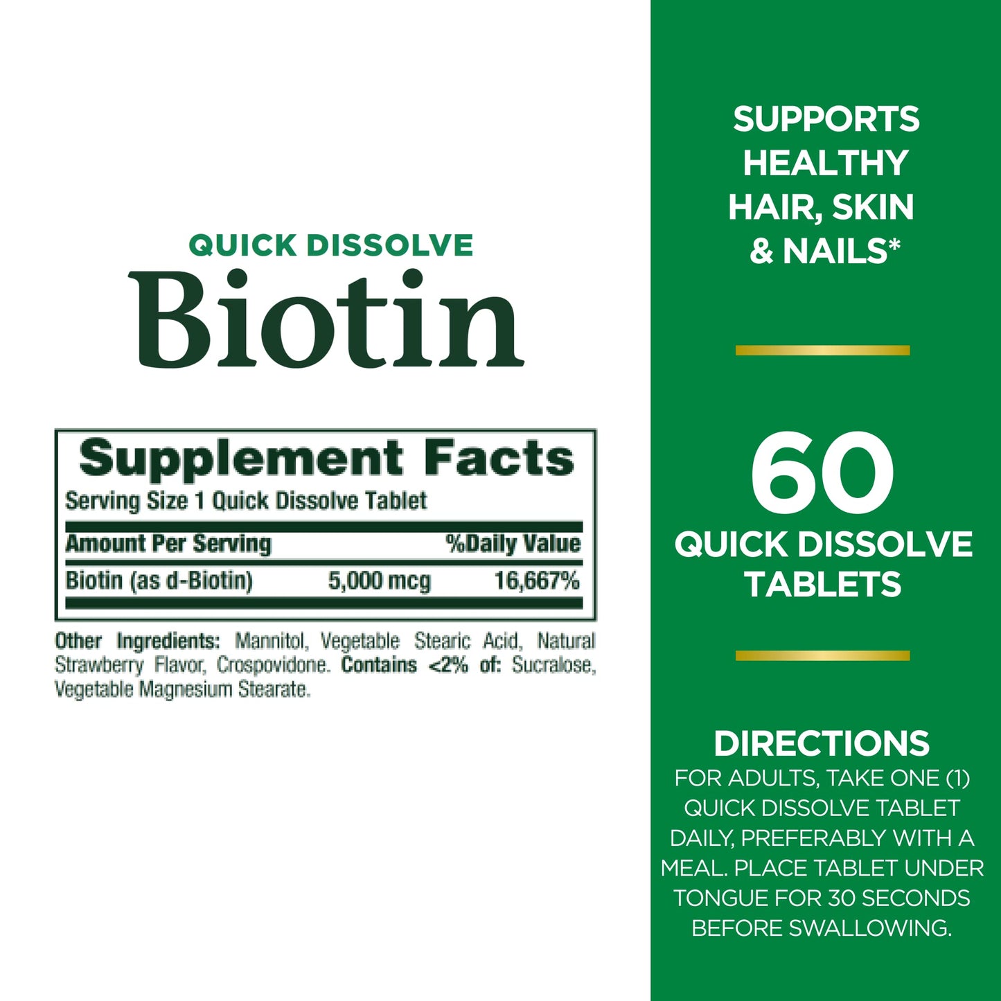 Nature's Bounty Biotin, Vitamin Supplement, Supports Metabolism for Cellular Energy and Healthy Hair, Skin, and Nails, 5000 mcg, 60 Quick Dissolve