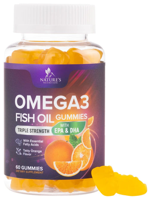 Omega 3 Gummies for Adults, Omega-3 Fish Oil Gummies for Heart Support, Omega 3 Supplement High Absorption DHA & EPA, Joint & Brain Support, Nature's Fish Oil Omega 3 Gummies Vitamins - 60 Gummies