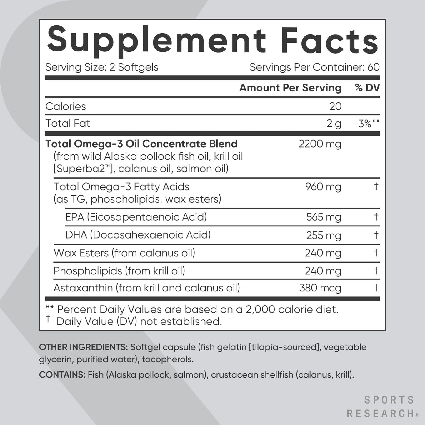 Sports Research Total Omega-3 Fish Oil from Wild Sockeye Salmon, Alaskan Pollock, Antarctic Krill, Astaxanthin + Phospholipids & Wax Esters for Absorption | 960mg of EPA & DHA (120 Softgels)