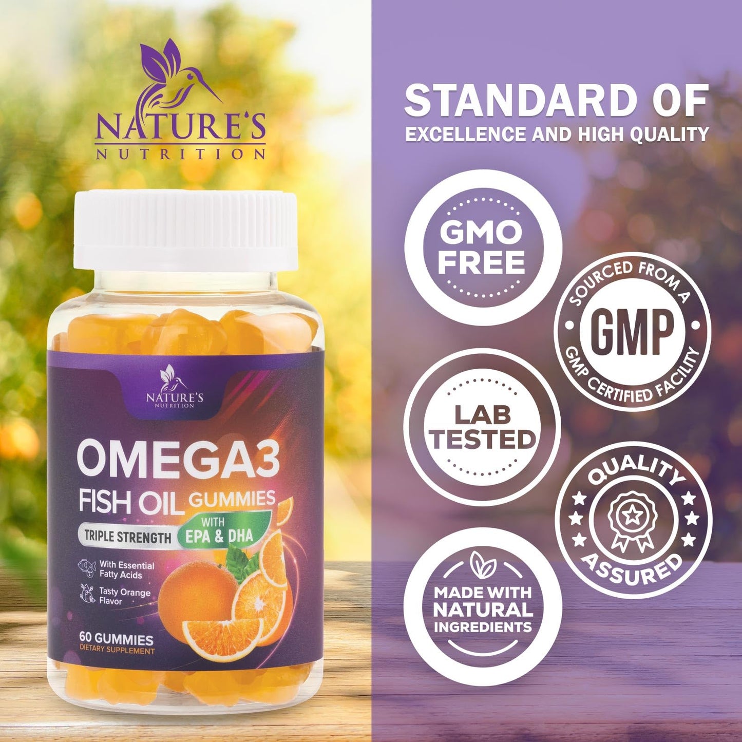 Omega 3 Gummies for Adults, Omega-3 Fish Oil Gummies for Heart Support, Omega 3 Supplement High Absorption DHA & EPA, Joint & Brain Support, Nature's Fish Oil Omega 3 Gummies Vitamins - 60 Gummies