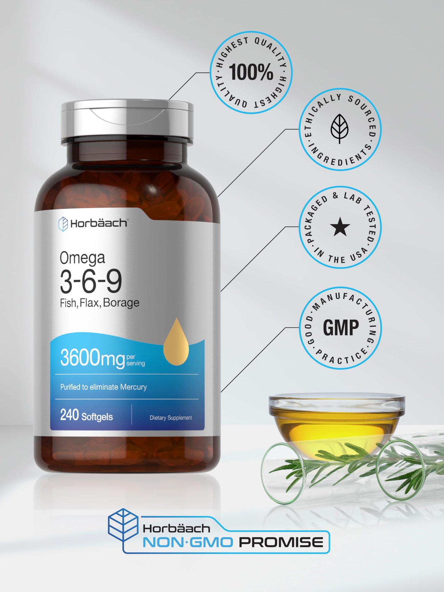 Horbaach Triple Omega 3-6-9 240 Softgels | from Fish, Flaxseed, Borage Oils | Non-GMO & Gluten Free