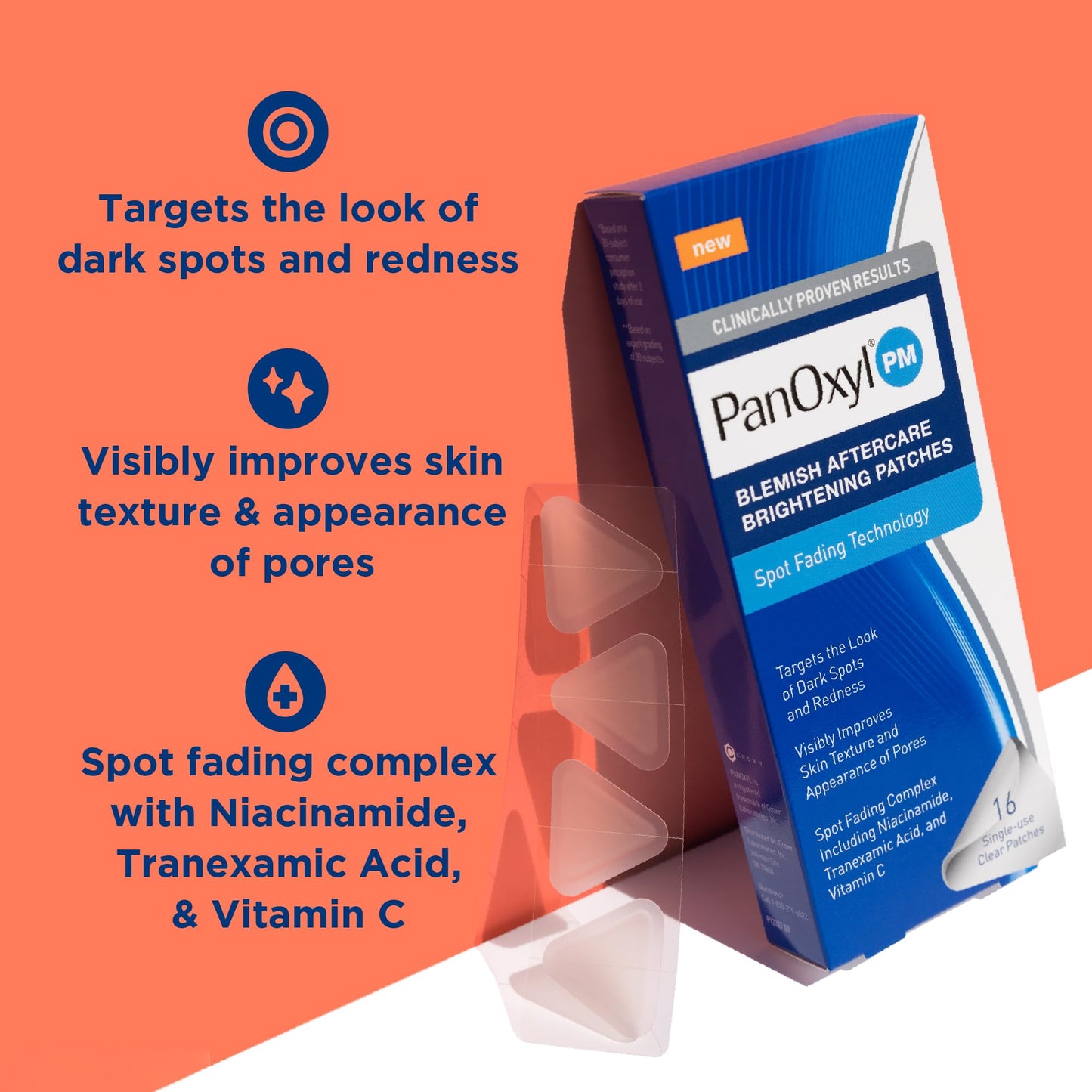 PanOxyl Blemish Brightening Patches: Dermatologist-Recommended, Help Fade Post-Acne Dark Spots and Reduce Redness, Large Clear Patches Cover a Bigger Area, Vegan & Latex-Free, 16ct