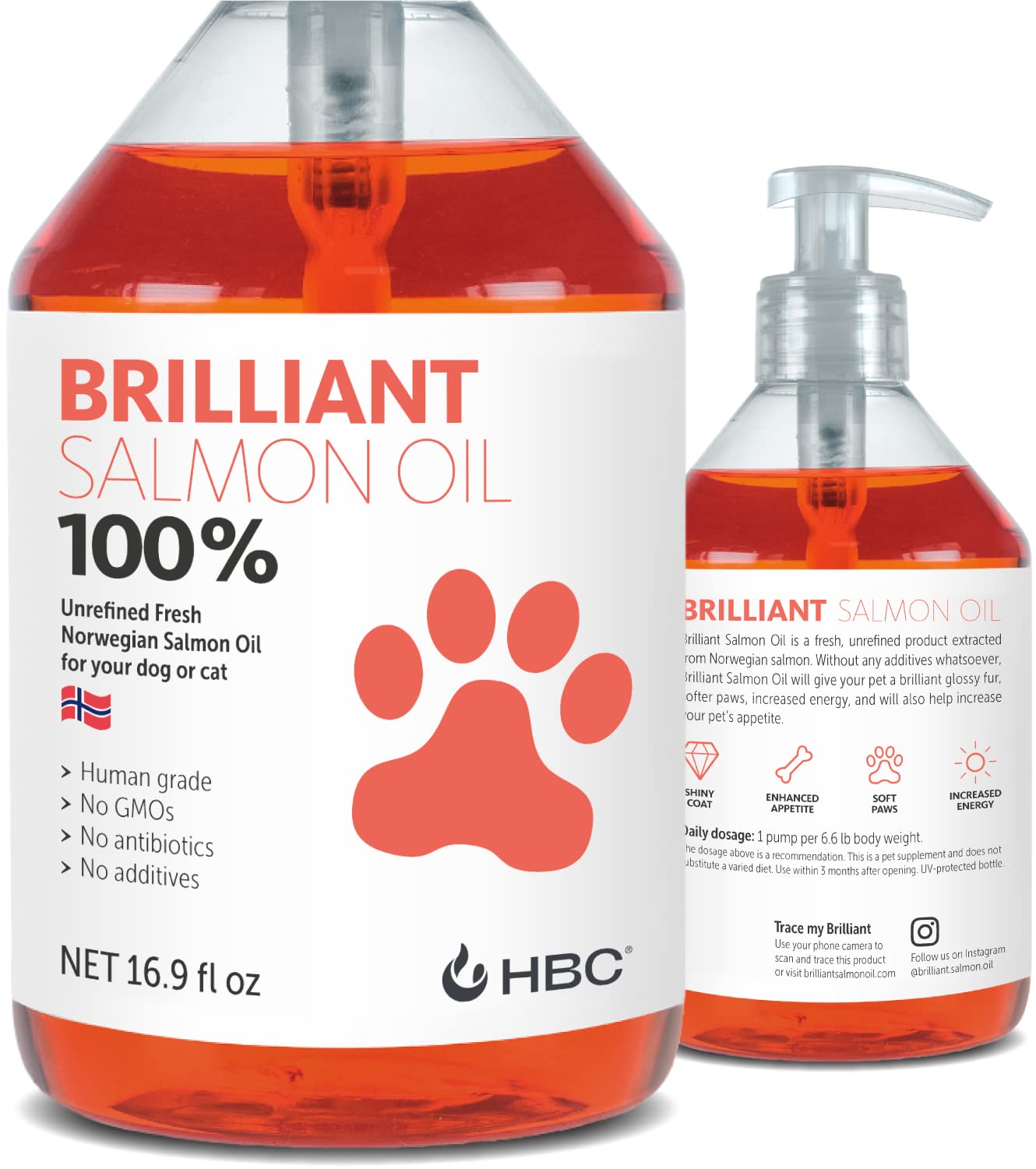 Brilliant Omega 3 Salmon Oil for Dogs & Cats - Norwegian Fish Oil Supplement with EPA & DHA Fatty Acids for Shedding, Allergy, Itching, Dry Skin & Joint Health - Skin and Coat Fish Oil Liquid, 16.9 Oz