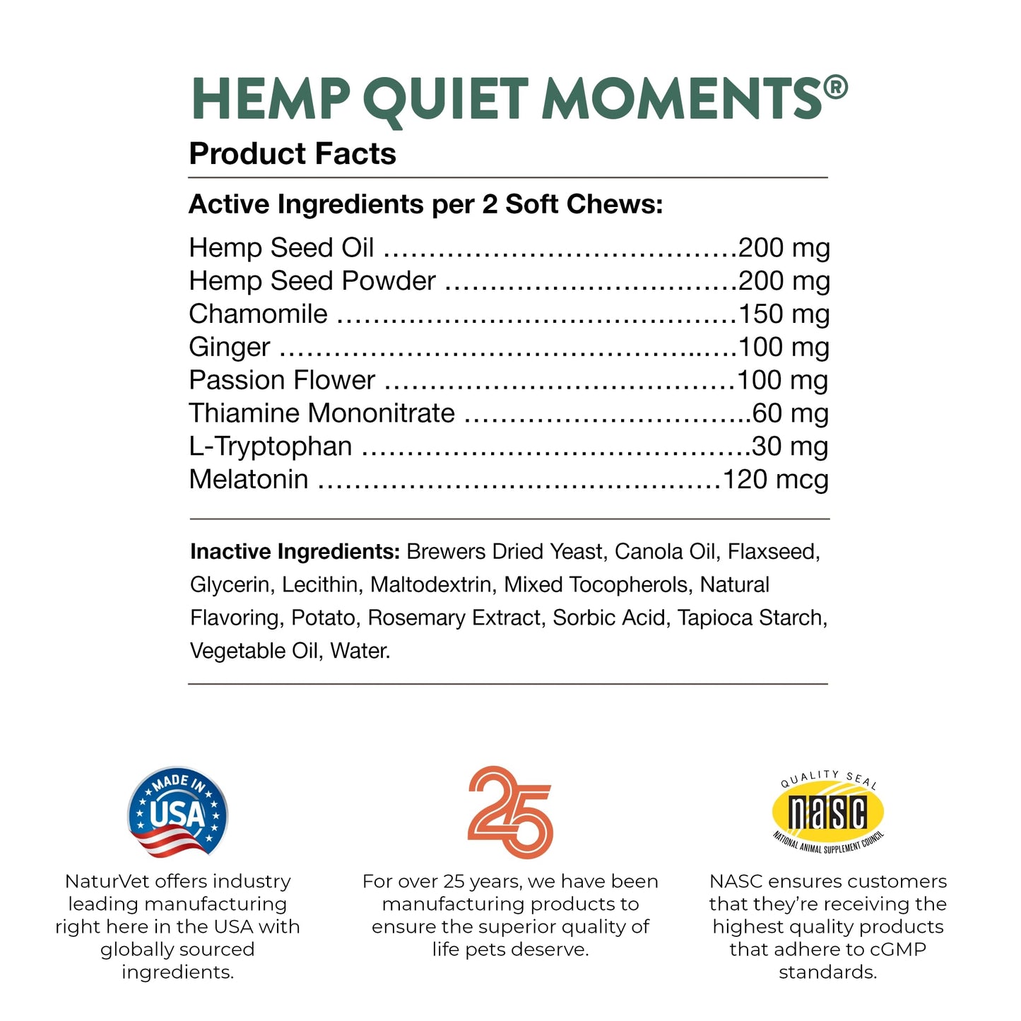 NaturVet Quiet Moments Calming Aid Dog Supplement, Helps Promote Relaxation, Reduce Stress, Storm Anxiety, Motion Sickness for Dogs (Quiet Moments Plus Hemp, 180 Soft Chews)