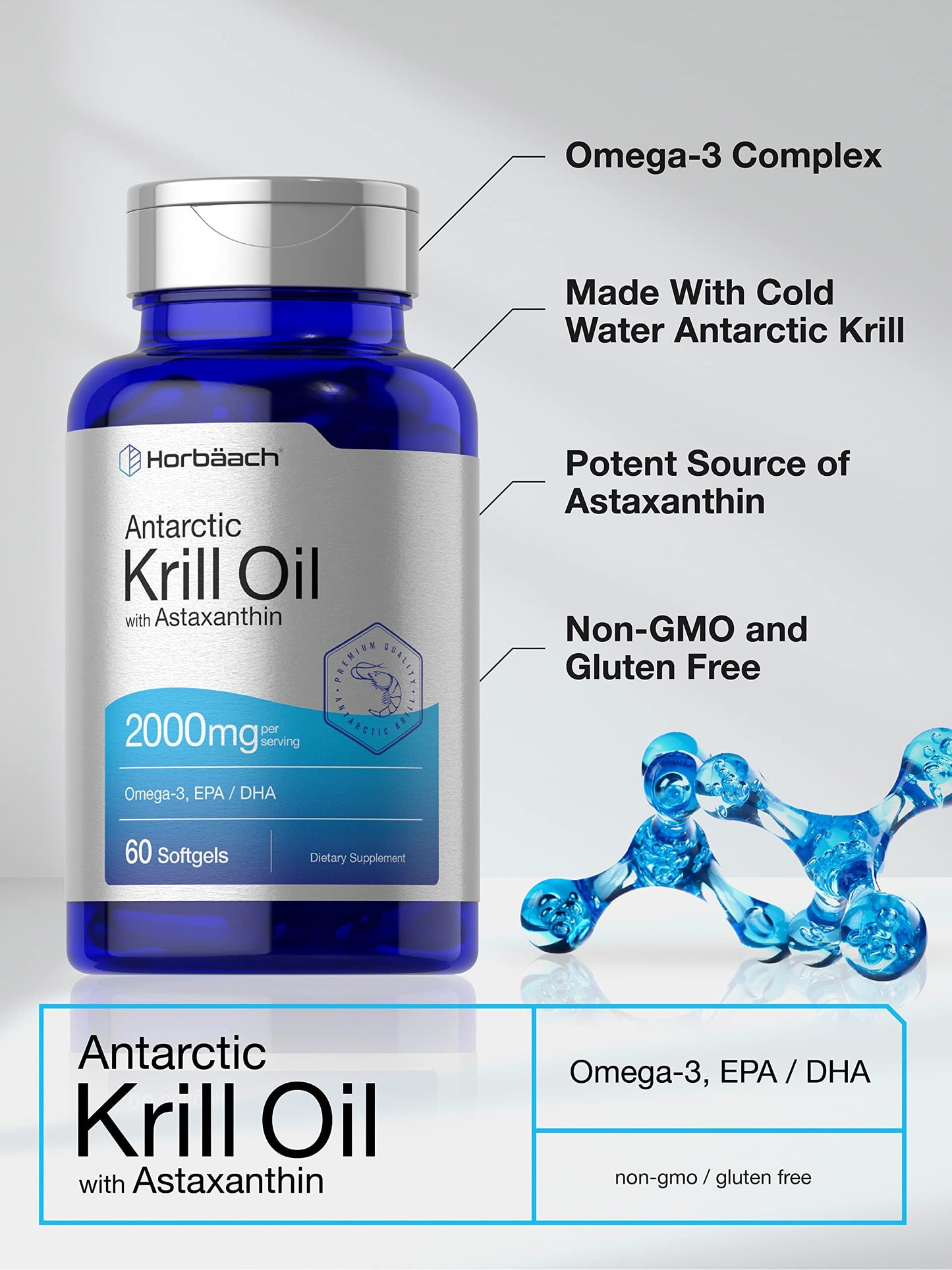 Horbaach Antarctic Krill Oil 2000mg | 60 Softgel Capsules | Omega-3, EPA, DHA Supplement | with Astaxanthin | Non-GMO, Gluten Free