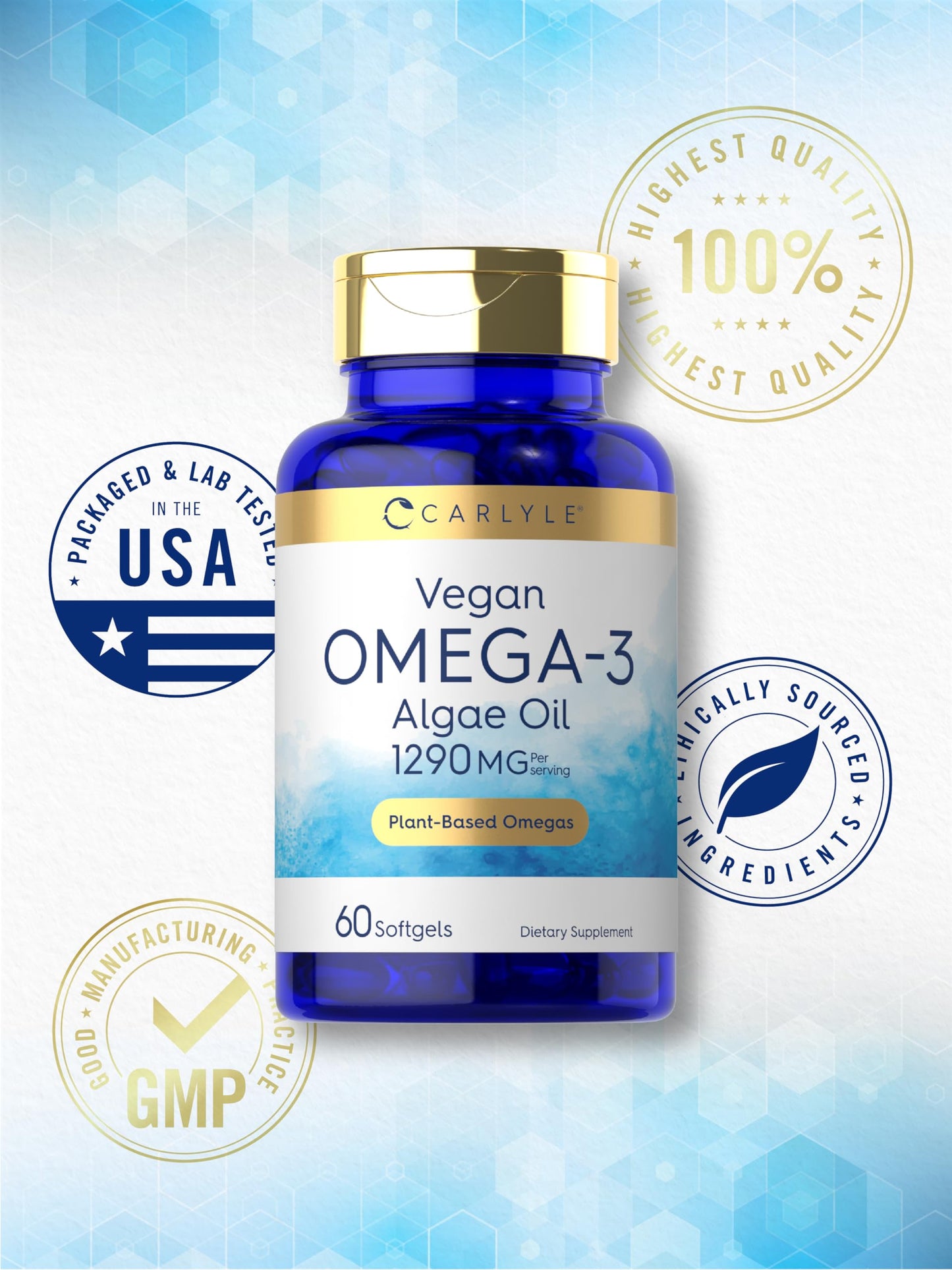 Carlyle Vegan Omega 3 Supplement | 1290 mg | 60 Softgels | Plant Based | Non-GMO & Gluten Free | from Algae Oil