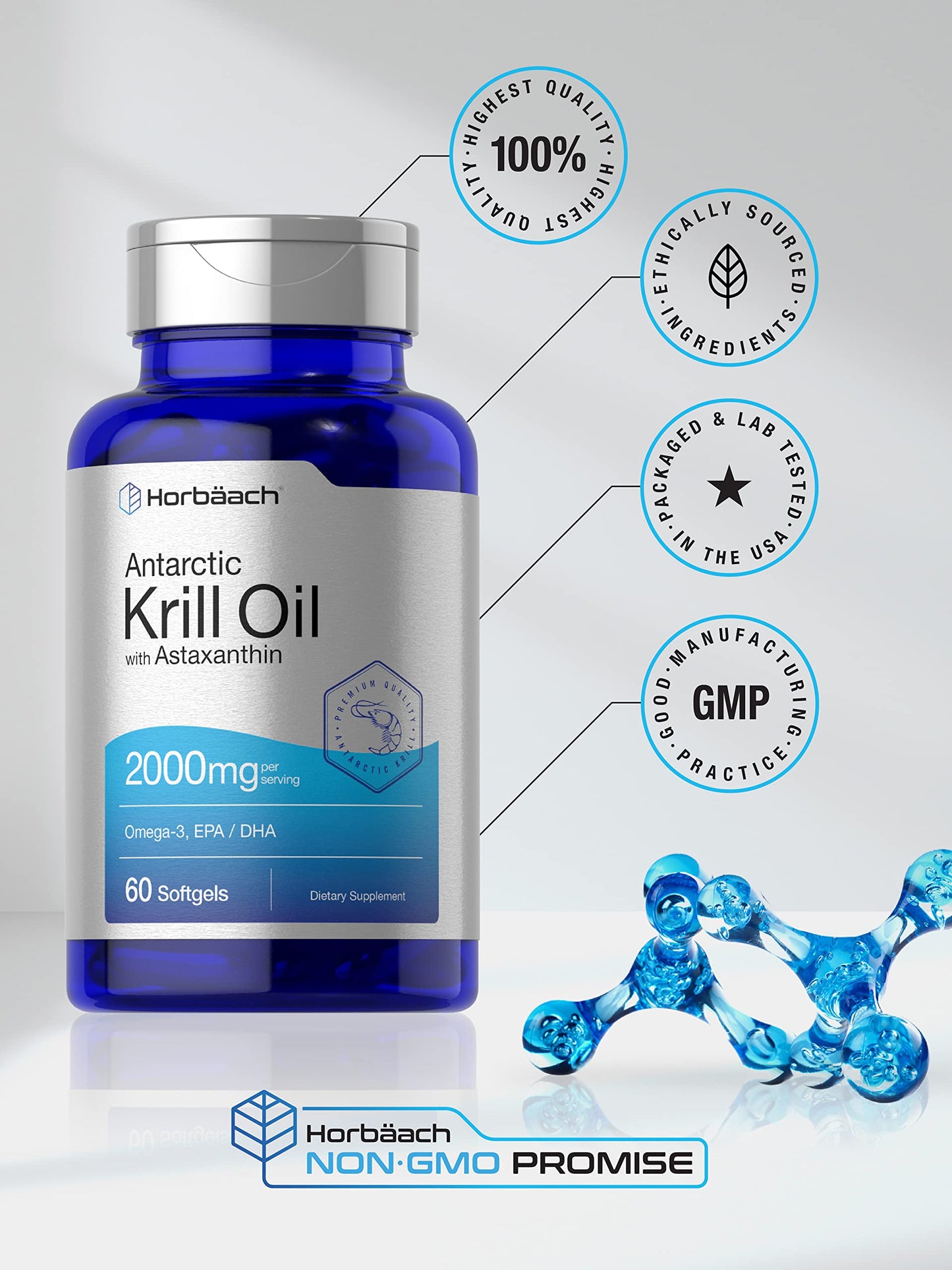 Horbaach Antarctic Krill Oil 2000mg | 60 Softgel Capsules | Omega-3, EPA, DHA Supplement | with Astaxanthin | Non-GMO, Gluten Free