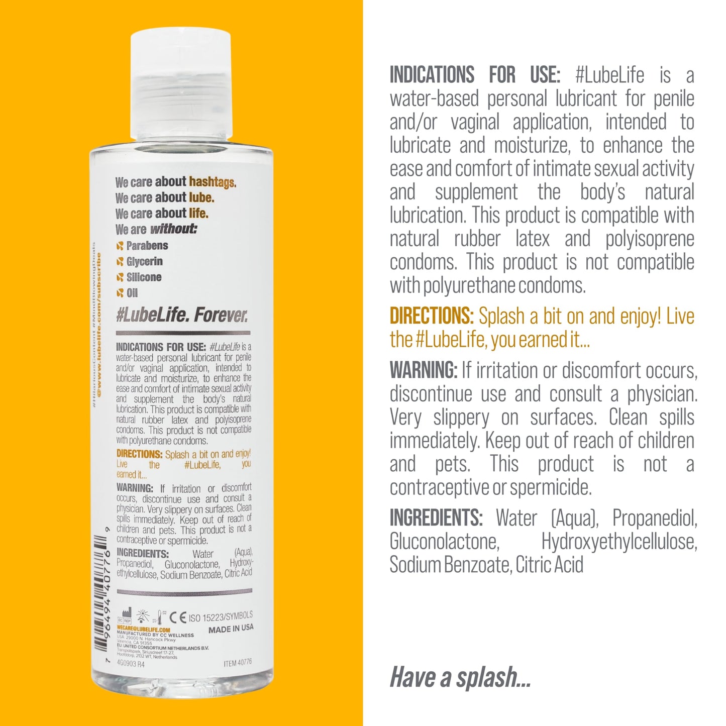 Lube Life Water-Based Personal Lubricant, Lube for Men, Women and Couples, Non-Staining, 8 Fl Oz