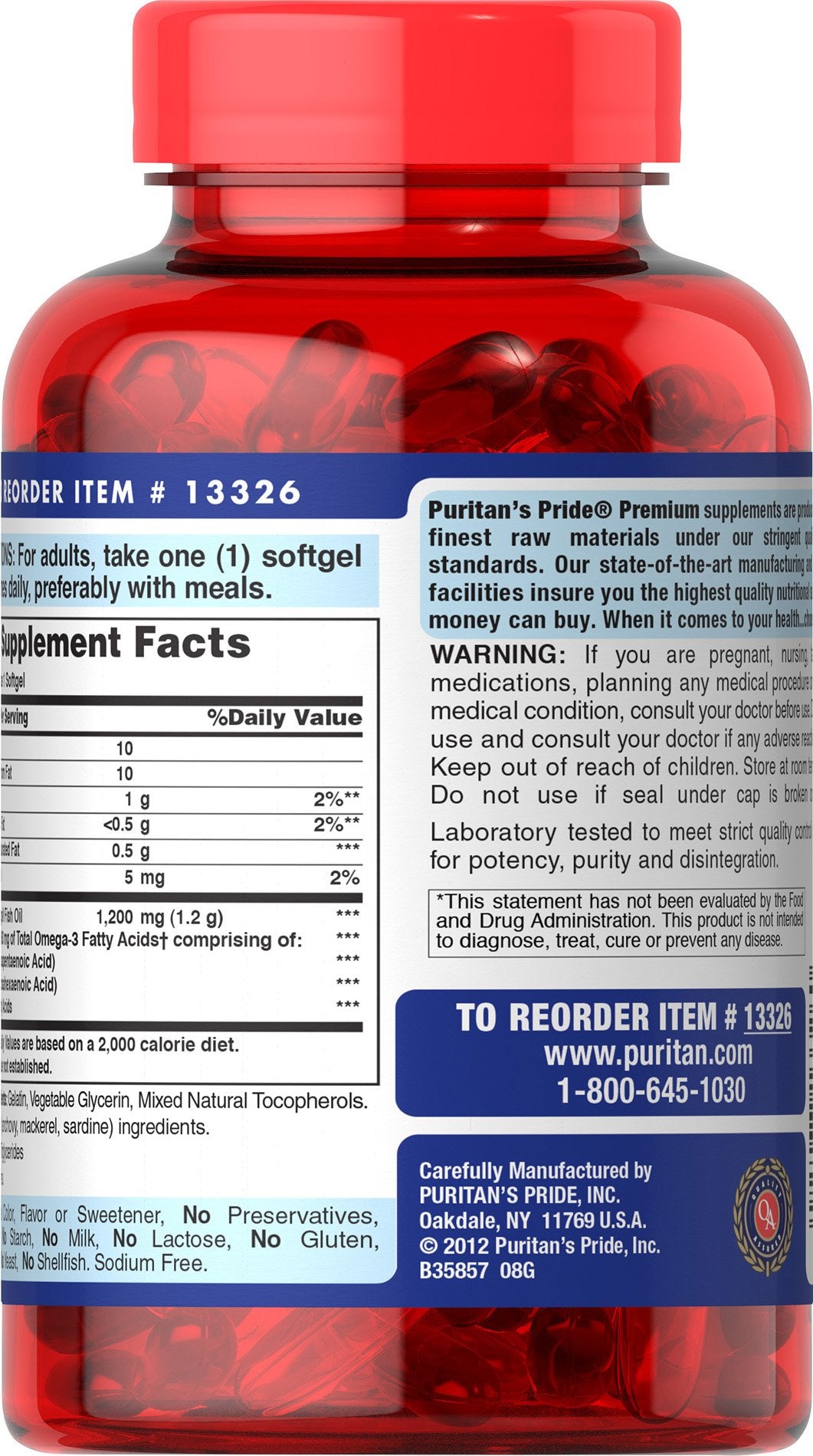 Puritan's Pride Omega-3 Fish Oil, 1200 mg, Supports Heart Health and Healthy Circulation, 100 Count