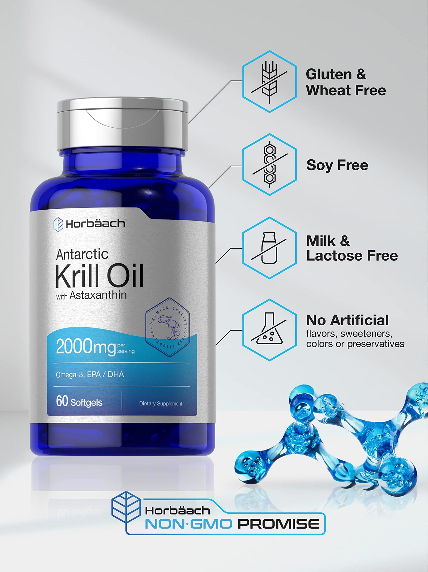 Horbaach Antarctic Krill Oil 2000mg | 60 Softgel Capsules | Omega-3, EPA, DHA Supplement | with Astaxanthin | Non-GMO, Gluten Free
