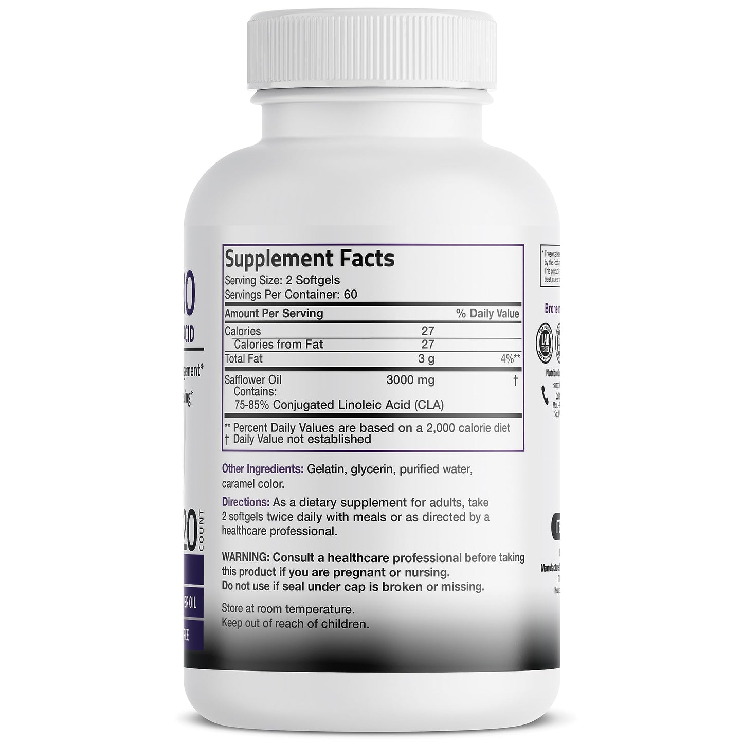 Bronson CLA 3000 Extra High Potency Supports Healthy Weight Management Lean Muscle Mass Non-Stimulating Conjugated Linoleic Acid 120 Softgels