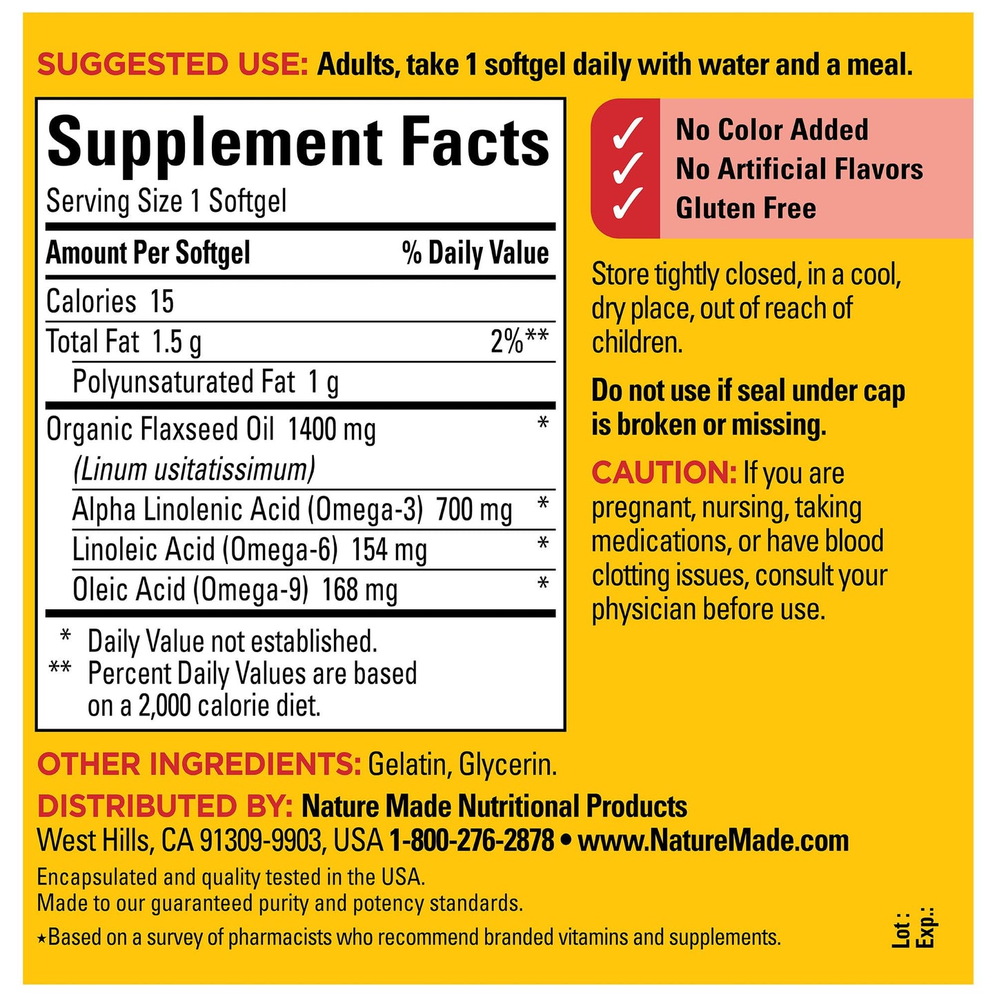 Nature Made Extra Strength Flaxseed Oil 1400 mg, Fish Free Omega 3 Supplement, Dietary Supplement for Heart Health Support, 100 Softgels, 100 Day Supply