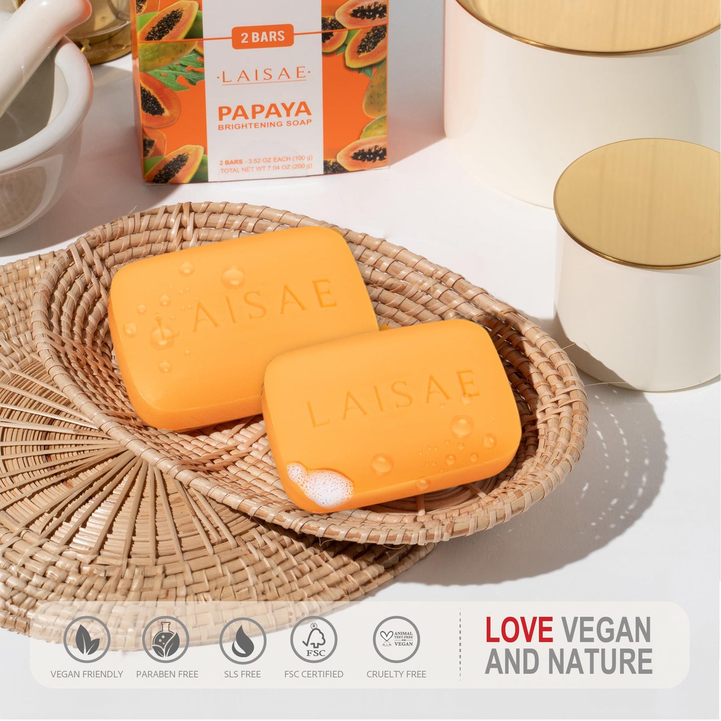 LAISAE Papaya Brightening Soap, Glowing Skin & Hydrating Face Moisturizer with Niacinamide, Shea Butter and Aloe Vera, Even Skin Tone Body Cleansing Bar - Sensitive Skin Soap, Vegan, 3.52 oz (2 Bars)