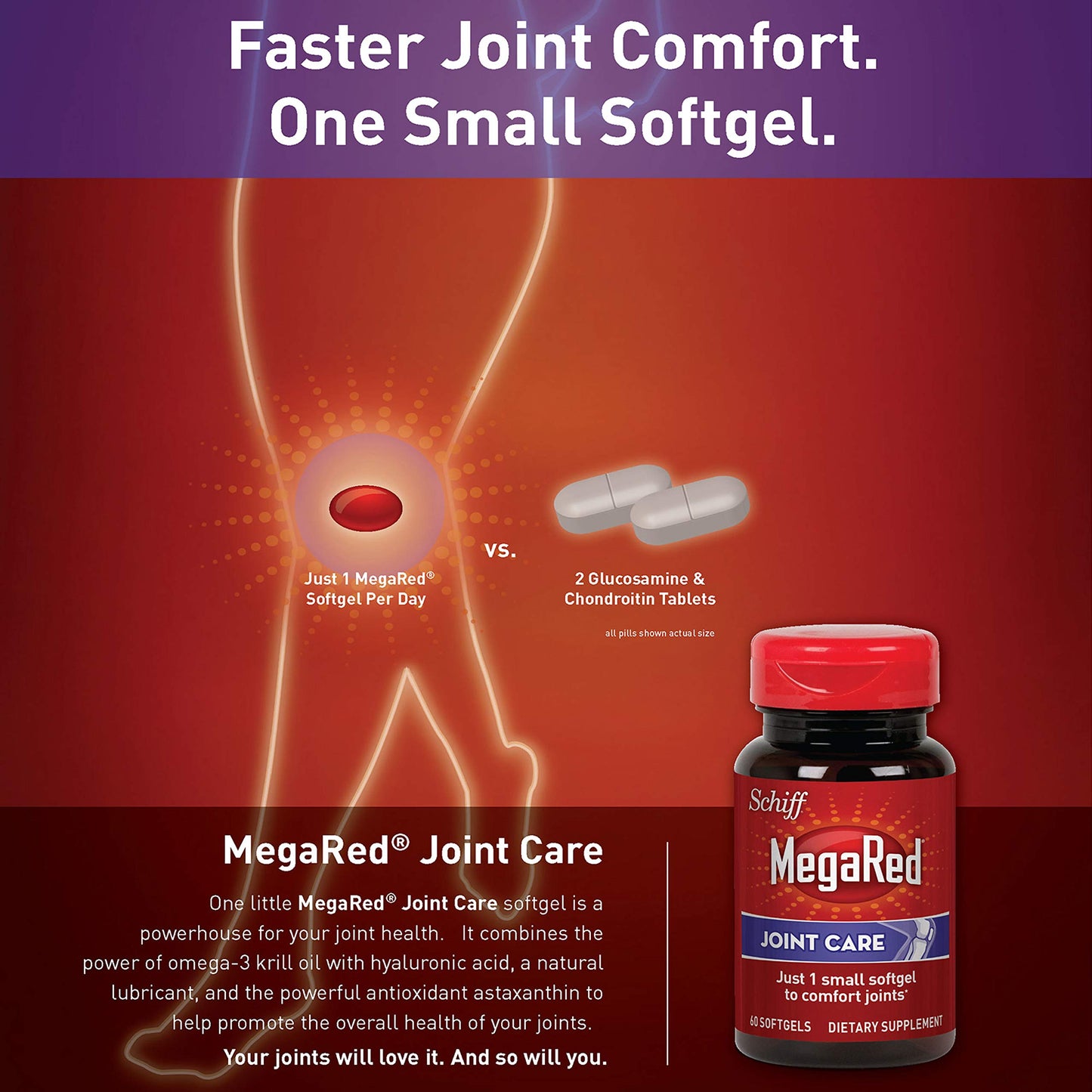 MegaRed Omega-3 Krill Oil and Joint Supplement Joint Care 60 softgels - EPA/DHA Fatty acids, Antioxidants, Hyaluronic Acid, No Fishy Burp Aftertaste as with Fish Oil