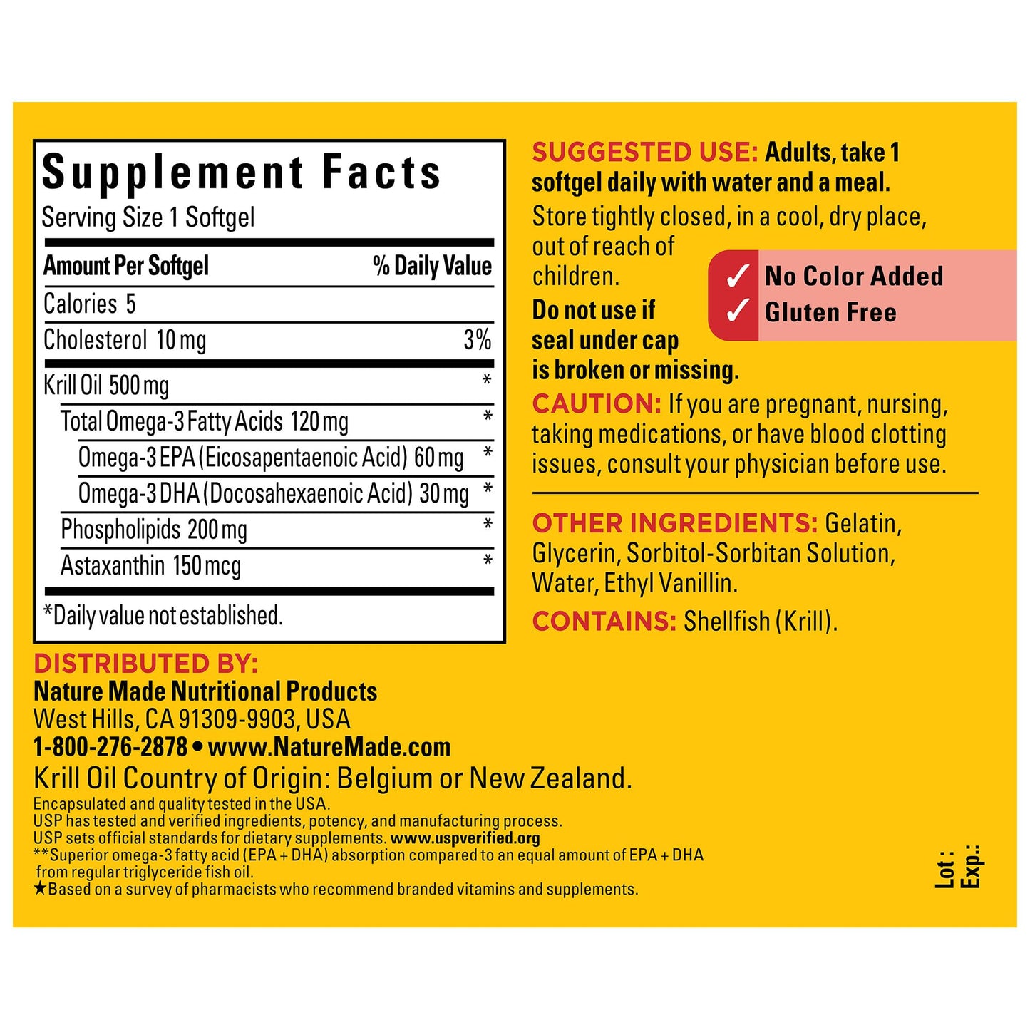 Nature Made Superior Absorption Krill Oil 500mg with Astaxanthin and Phospholipids, Omega 3s for Heart Health Support, 100 Softgels, 100 Day Supply
