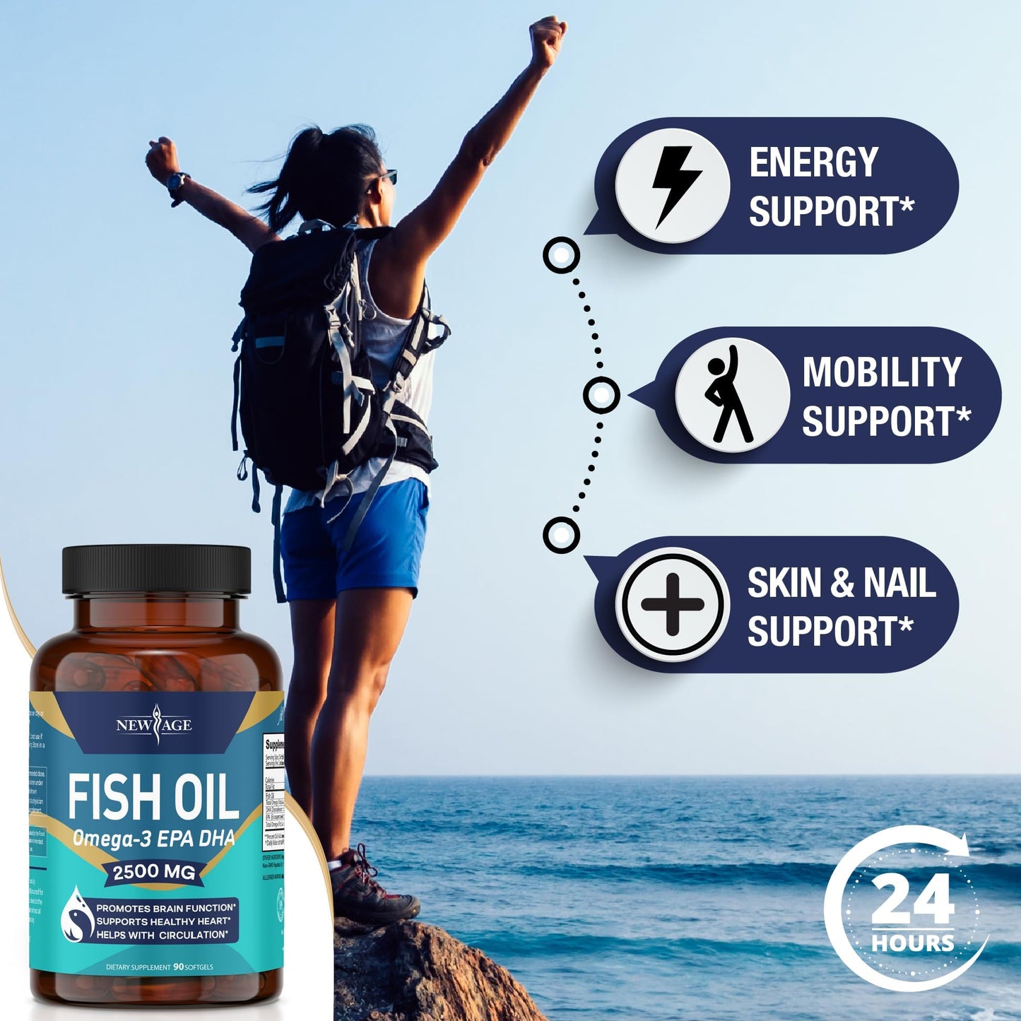 NEW AGE Omega 3 Fish Oil 2500mg Supplement Immune & Helath Support – Promotes Joint, Eye & Skin Health - Non GMO - EPA, DHA Fatty Acids Gluten Free (180 Softgels (Pack of 2))