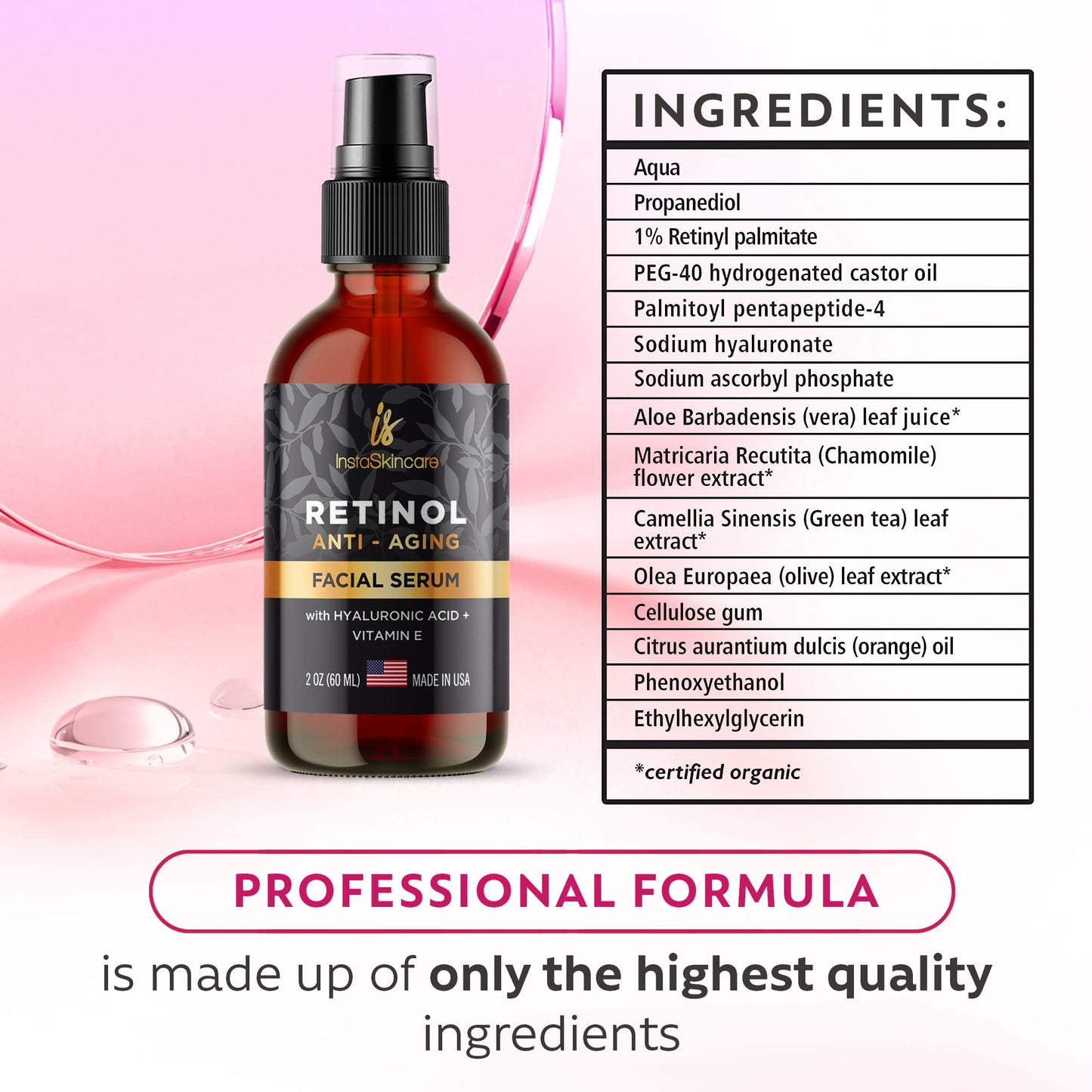 DOUBLE SIZED (2Oz) Retinol Serum for Face with Hyaluronic Acid + Vitamin E and A + Aloe Vera Anti-Aging Serum Pore Tightener Fade Dark Spots Clinical Strength Formula by InstaSkincare
