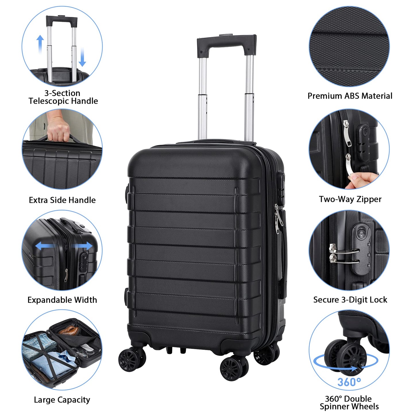 SUPER DEAL 21 Inch Spinner Carry On Luggage Hardside Expandable Suitcase with Wheels, Height Adjustable Handle and Side Feet Lightweight Waterproof for Business Trips Travel, Black