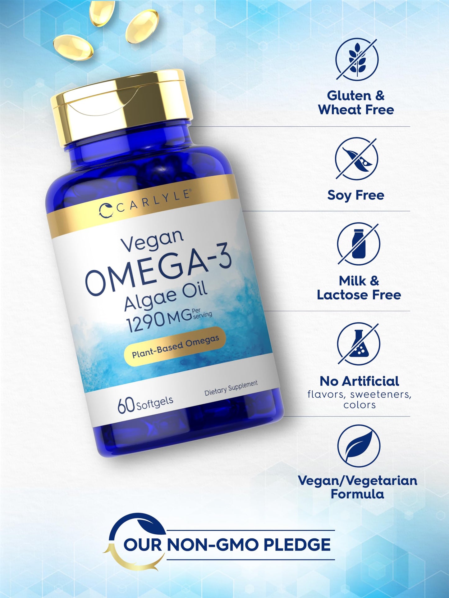 Carlyle Vegan Omega 3 Supplement | 1290 mg | 60 Softgels | Plant Based | Non-GMO & Gluten Free | from Algae Oil