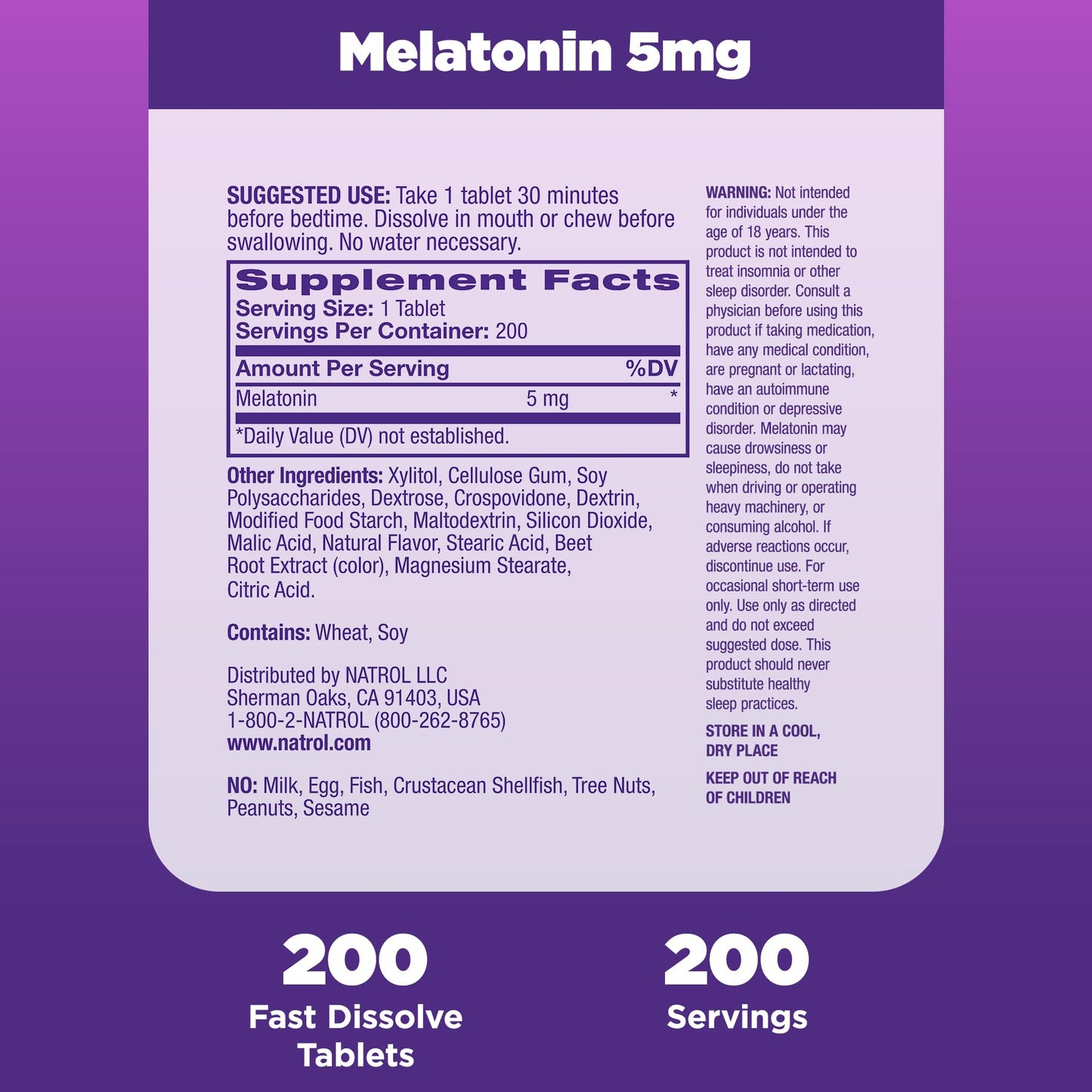 Natrol Sleep Melatonin 5mg Fast Dissolve Tablets, Nighttime Sleep Aid for Adults, 200 Strawberry-Flavored Melatonin Tablets, 200 Day Supply