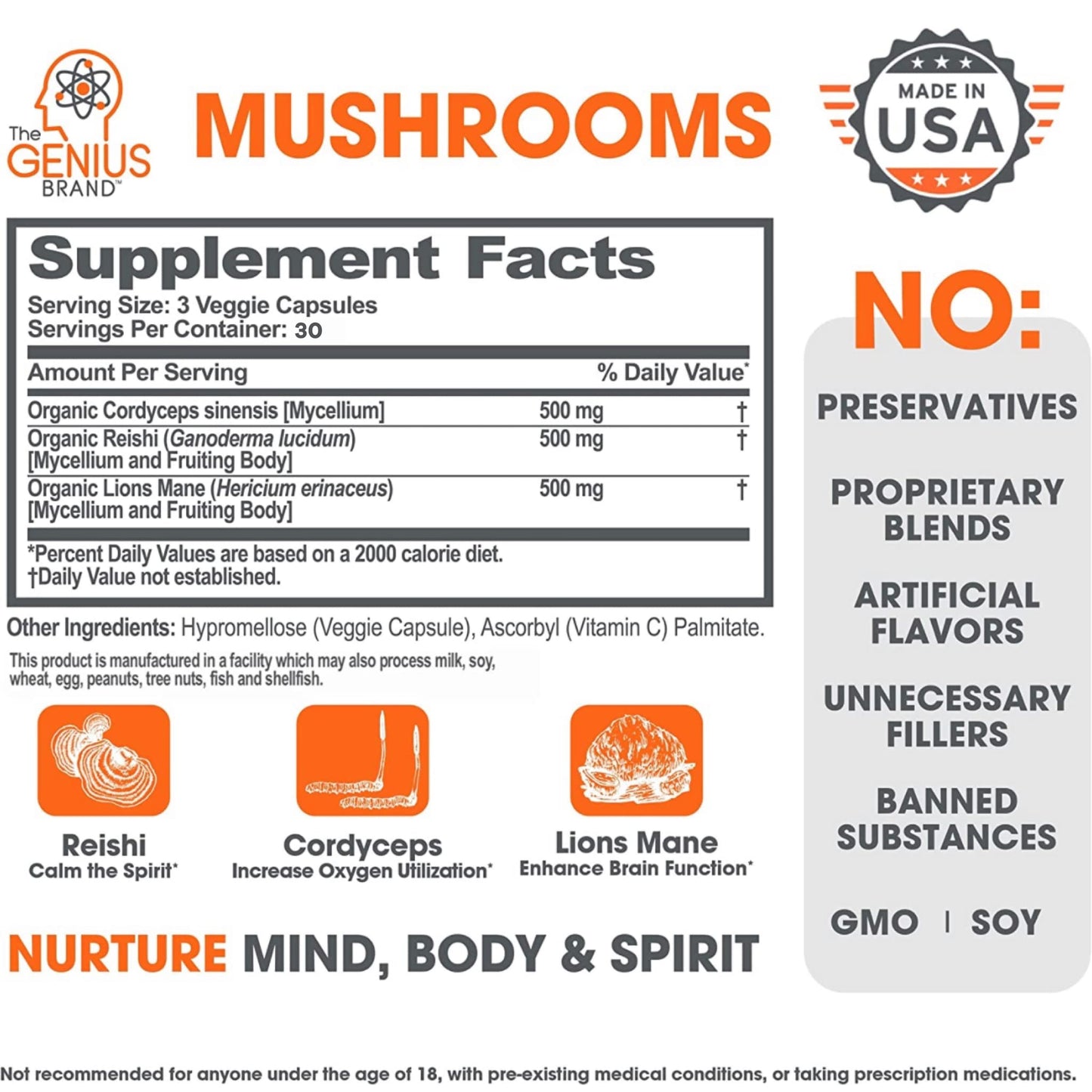 Genius Mushroom - Lions Mane, Cordyceps and Reishi - System Booster & Nootropic Supplement - for Energy & Support, 90 Veggie Pills