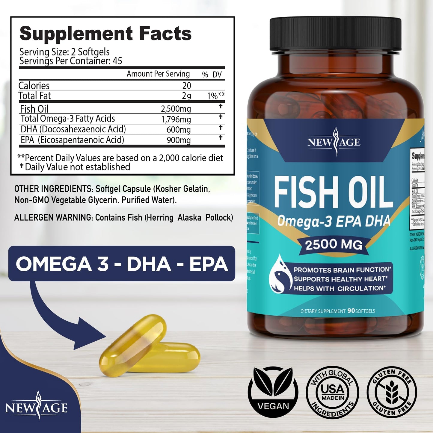 NEW AGE Omega 3 Fish Oil 2500mg Supplement Immune & Helath Support – Promotes Joint, Eye & Skin Health - Non GMO - EPA, DHA Fatty Acids Gluten Free (180 Softgels (Pack of 2))