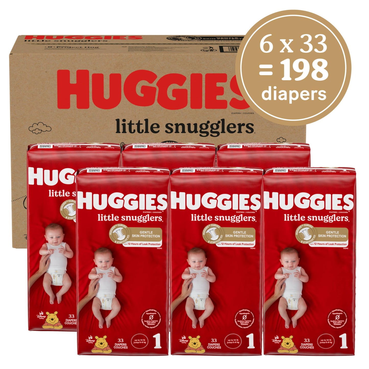 Huggies Size 1 Diapers, Little Snugglers Diapers, Size 1 (8-14 lbs), 198 Ct (6 packs of 33)