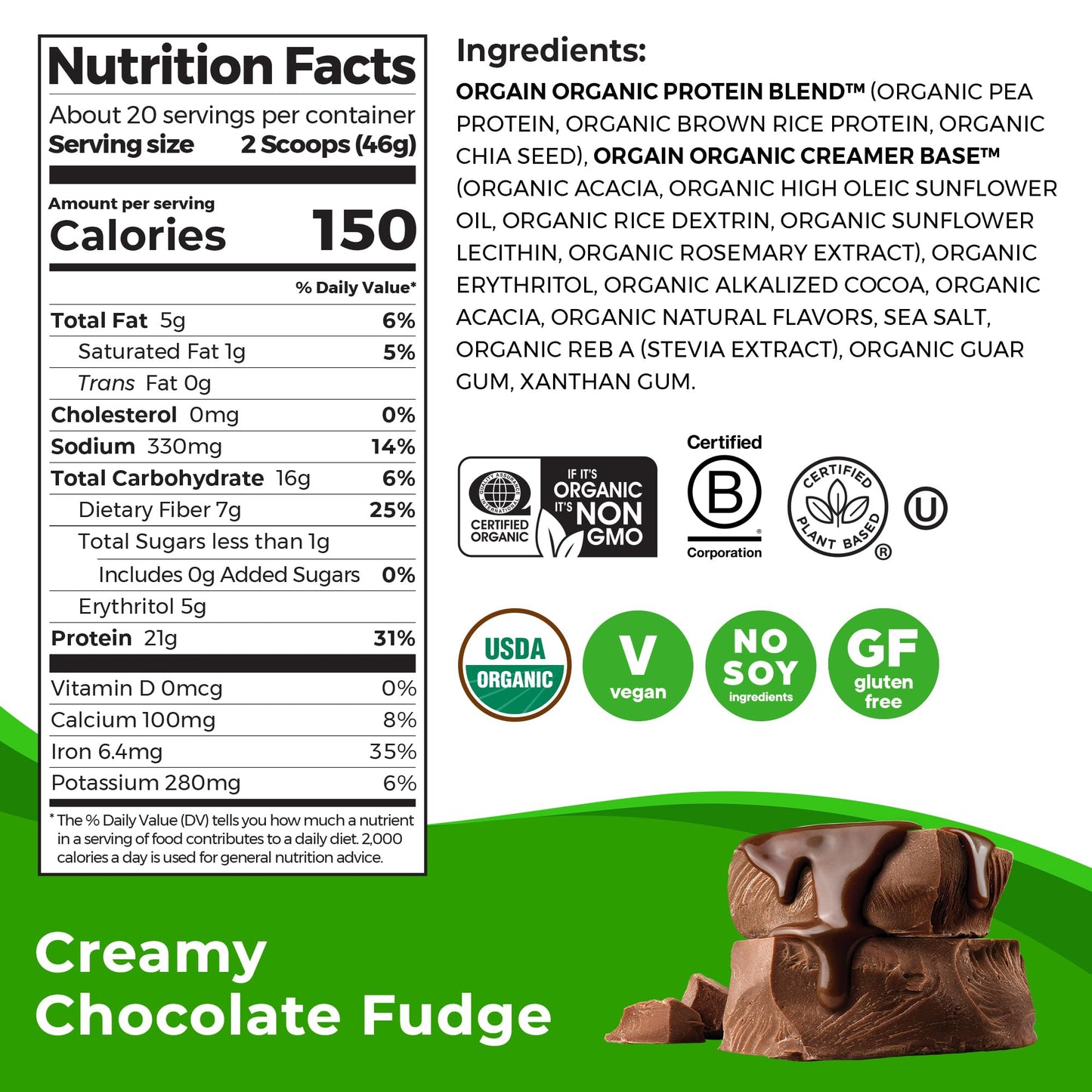 Orgain Organic Vegan Protein Powder, Creamy Chocolate Fudge - 21g Plant Protein, 6g Prebiotic Fiber, Low Net Carb, No Lactose Ingredients, No Added Sugar, Non-GMO, For Shakes & Smoothies, 2.03 lb