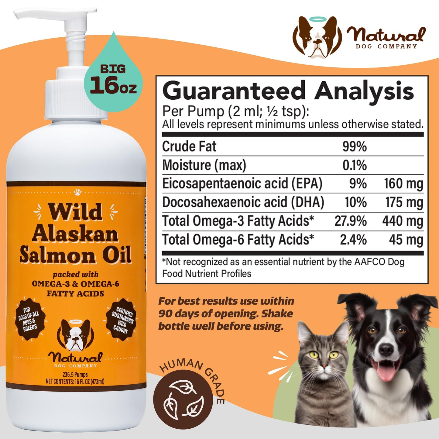 Natural Dog Company Pure Wild Alaskan Salmon Oil for Dogs (16oz) Skin & Coat Supplement for Dogs, Dog Oil for Food with Essential Fatty Acids, Fish Oil Pump for Dogs, Omega 3 Fish Oil for Dogs