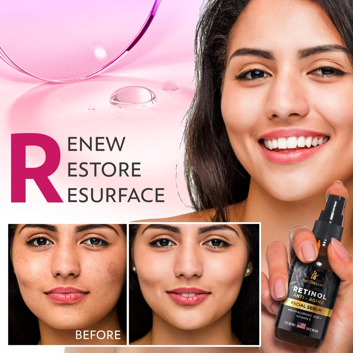 DOUBLE SIZED (2Oz) Retinol Serum for Face with Hyaluronic Acid + Vitamin E and A + Aloe Vera Anti-Aging Serum Pore Tightener Fade Dark Spots Clinical Strength Formula by InstaSkincare