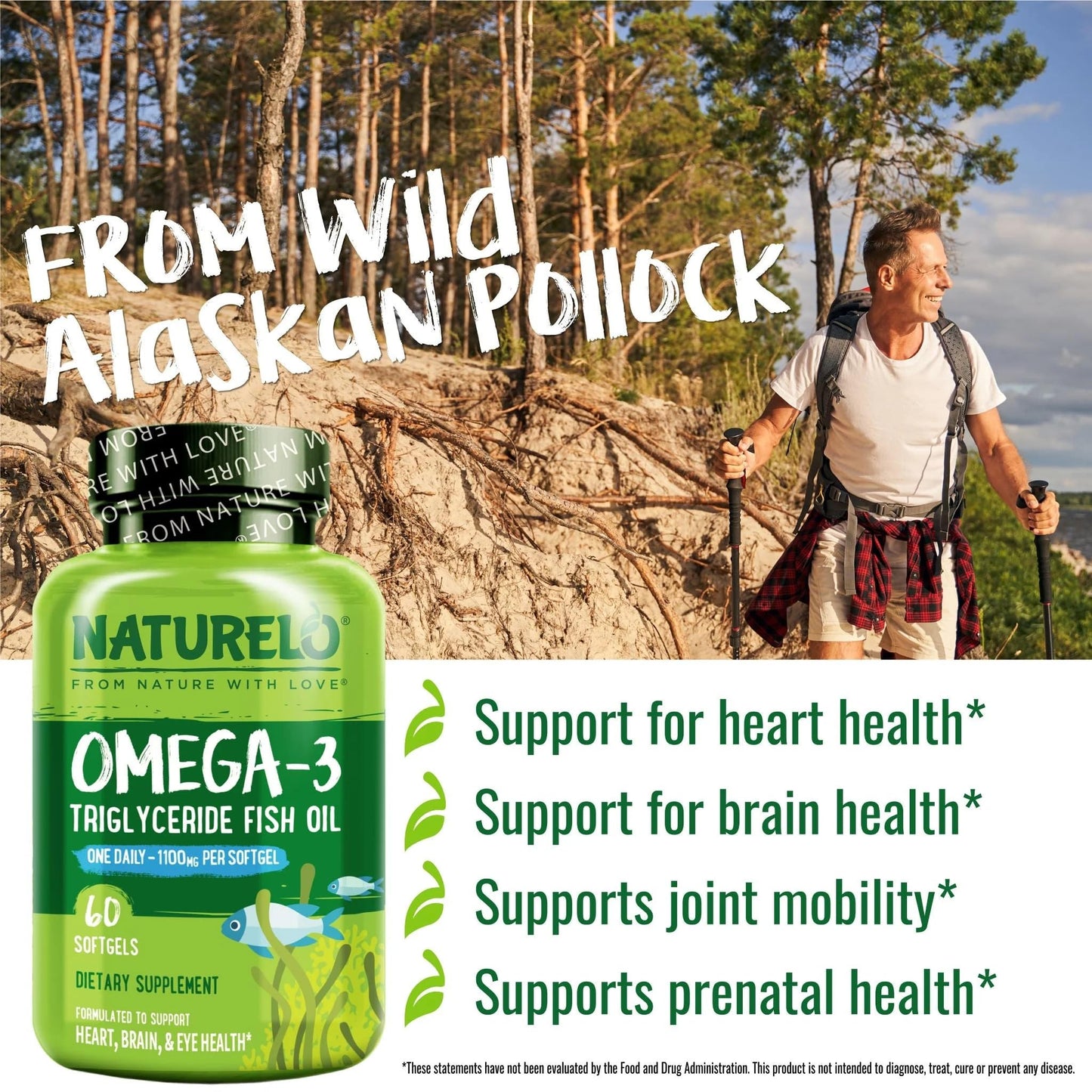 NATURELO Omega-3 Fish Oil Supplement - EPA + DHA - 1100 mg Triglyceride Omega-3 per Gel - One A Day - for Heart, Eye, Brain, Joint Health - No Burps - Lemon Flavor - 60 Softgels | 2 Month Supply