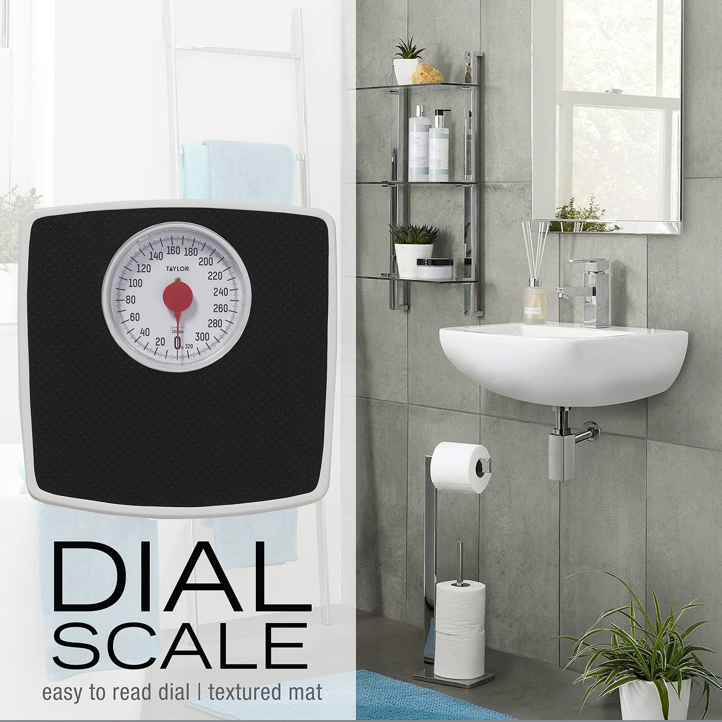 Taylor Battery Free Analog Scales for Body Weight, 330LB Capacity, Easy to Read Large 4.25-inch Dial, 10.3 x 10.6-inch Vinyl Mat Platform, Black