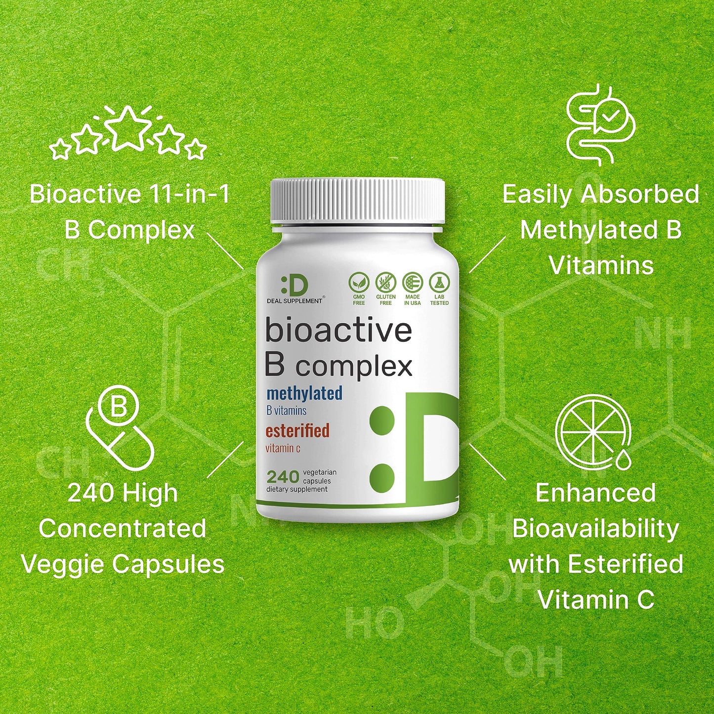 Bioactive Vitamin B Complex | 240 Veggie Capsules - Methylated B Vitamins & Esterified Vitamin C, High Potency & Easy Absorption – Immune, Energy, & Metabolism Supplement – Non-GMO, Vegan