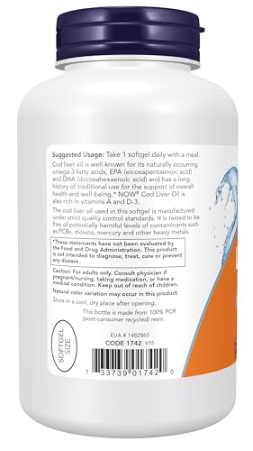 NOW Supplements, Cod Liver Oil 650 mg, Excellent Source of Vitamins A and D-3, 250 Softgels