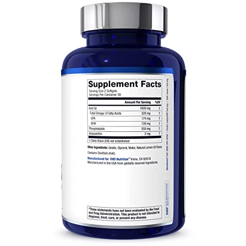 1MD Nutrition KrillMD - Antarctic Krill Oil Omega 3 Supplement with Astaxanthin, EPA, DHA | 2X More Effective Than Fish Oil | 60 Softgels