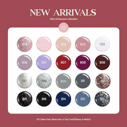 Beetles 23Pcs Gel Nail Polish Set with 3Pcs Base Matte and Glossy Top Coat,Nude Gray Pink Blue Glitter Gel Polish Kit Modern Muse Collection,Soak off Uv Gel for Girls Women