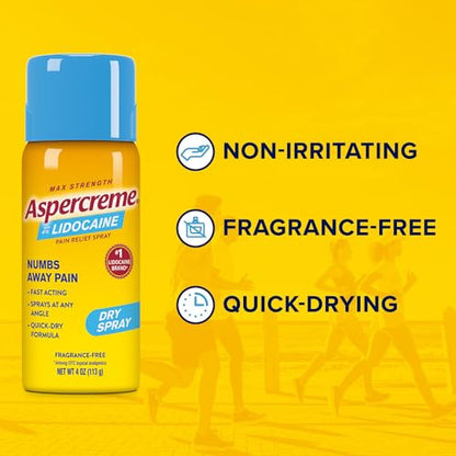 Aspercreme Max Strength Lidocaine Pain Relief Dry Spray 4 oz. Odor Free